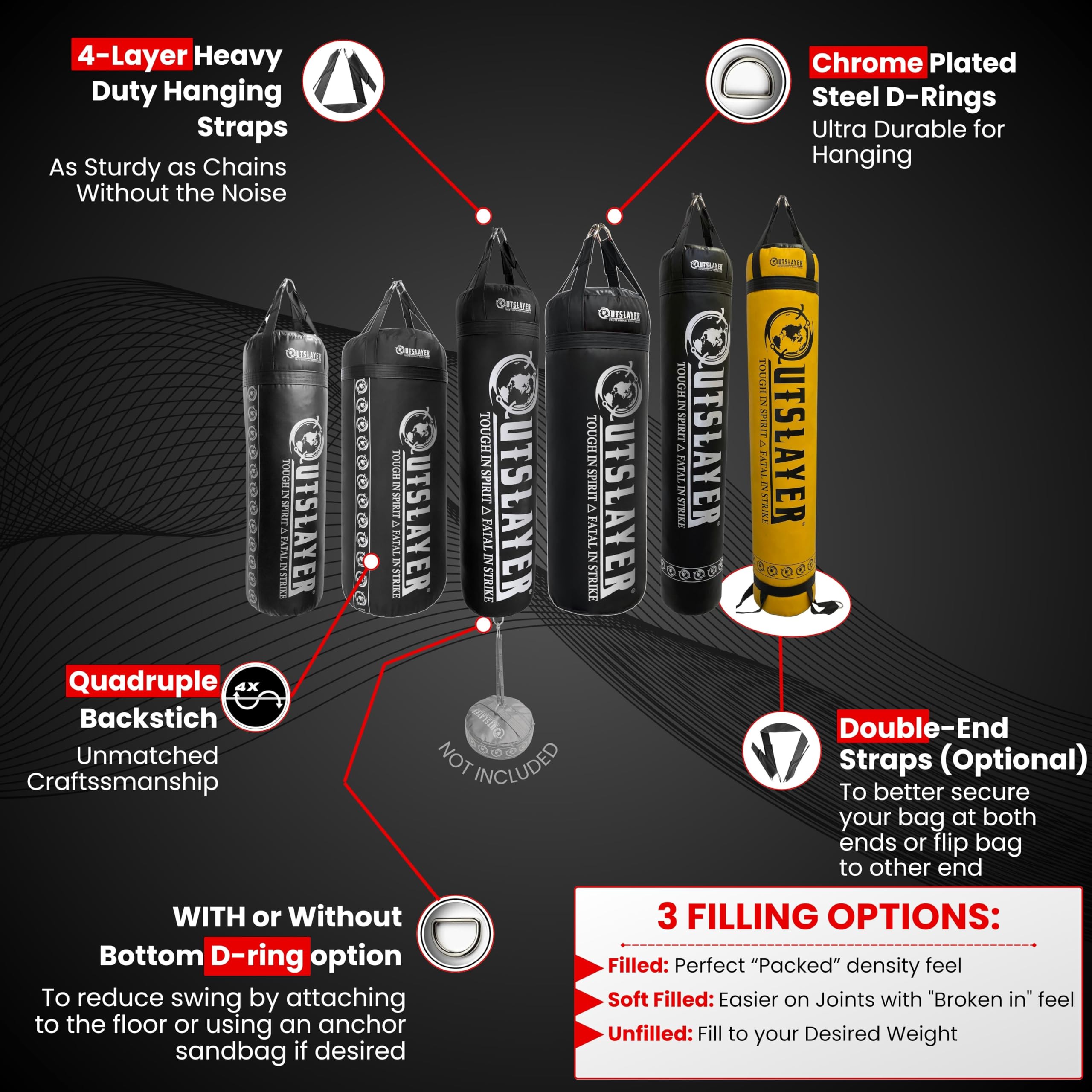 Outslayer New Custom Heavy Punching Bag for Boxing - Unfilled/Soft Filled, 80 lb, 100 lb, 150 lb XXL Wide, 6ft Muay Thai 130 lb with Optional Mounting Hardware Kit (Classic Heavy Bag, Unfilled)