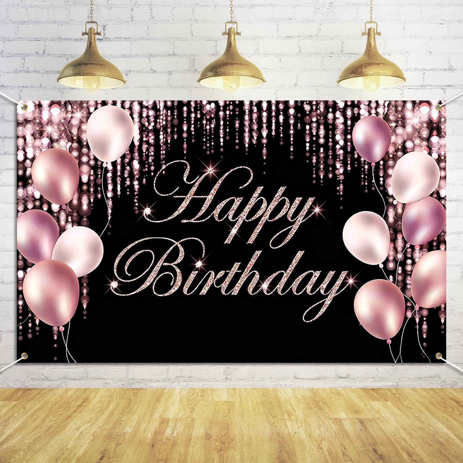 Happy Birthday Banner, Birthday Backdrop 180x110cm, Sign Poster Photo Background Banners for Party Anniversary Decorations (Black Pink)