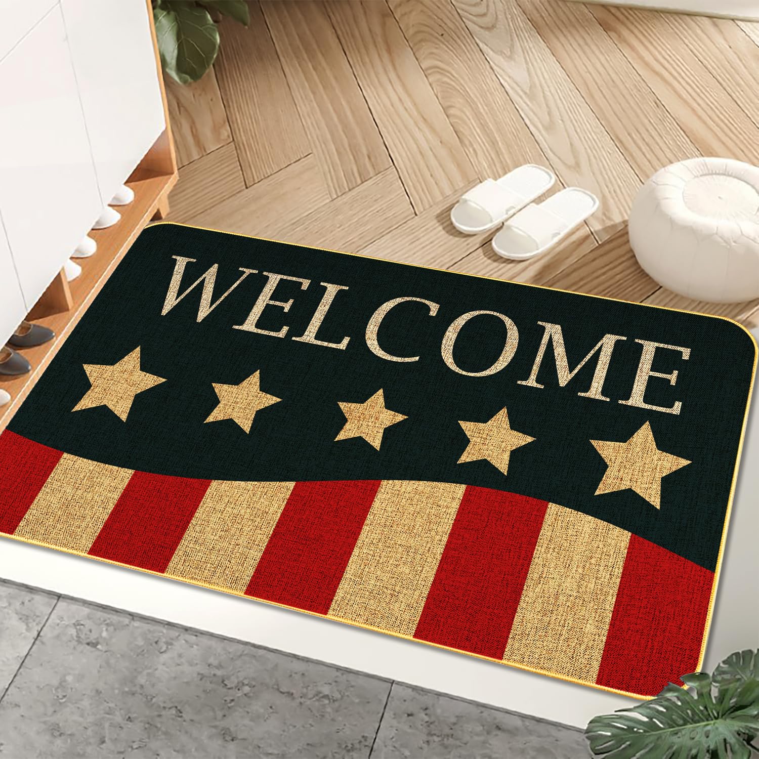AUSTAB Patriotic Door Mat 4th of July Doormat Independence Day American Stars Stripes Memorial Day Home Decor Anti-Slip Retro Linen Outdoor Indoor Low