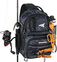 KastKing Bolsa de pesca BaitSpace, mochila de pesca resistente à água com suporte para vara e bebidas, alças ajustáveis, bolsa de armazenamento para equipamentos e equipamentos de pesca