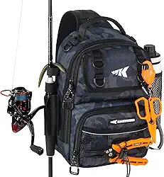 KastKing Bolsa de pesca BaitSpace, mochila de pesca resistente à água com suporte para vara e bebidas, alças ajustáveis, bolsa de armazenamento para equipamentos e equipamentos de pesca