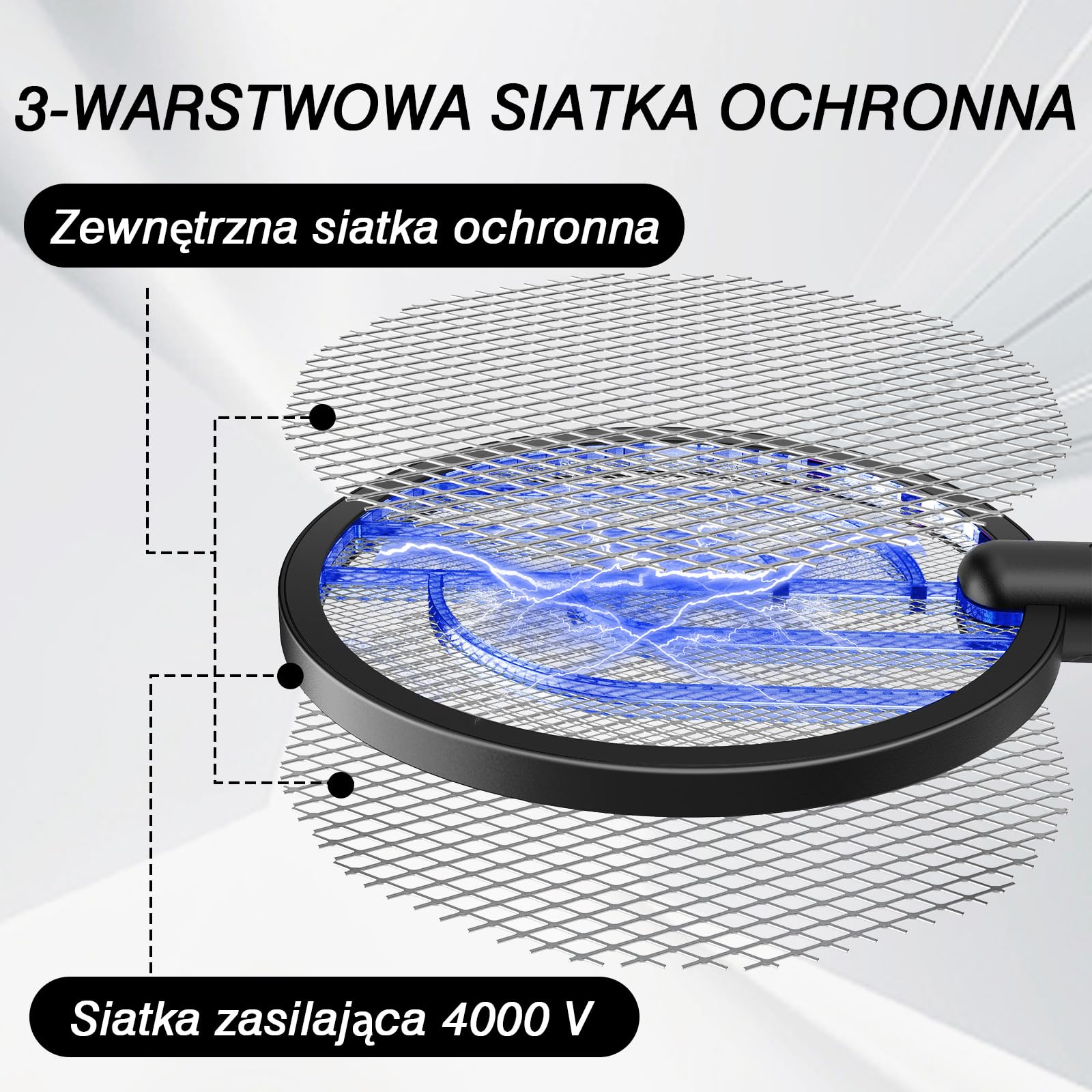 Elektryczna packa na muchy, GooQand 4000V Fly Killer Electronic z rakietą na muchy USB 2 w 1, poręczna packa na komary z 3-warstwową siatką ochronną do biwakowania wewnątrz i na zewnątrz, czarna，2szt
