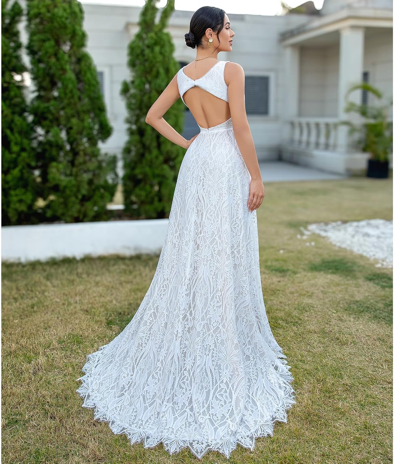 WIOJEIGO Women's Lace Boho Wedding Dress for Bride with Double Shoulders 2025 Bohemian Long A-Line Beach Bridal Gowns