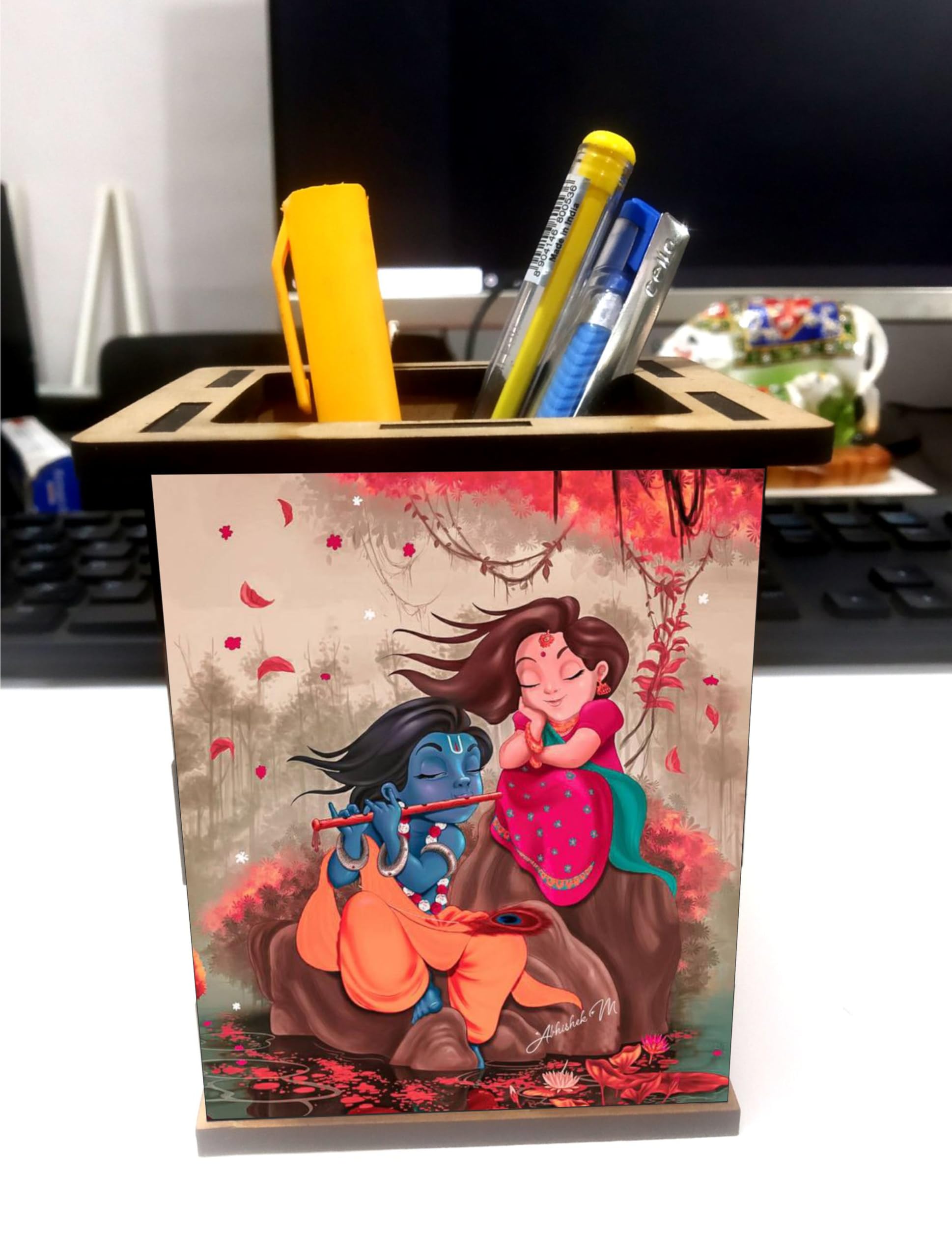 jwalpa Creation Wooden Pen Stand with Hand Painted photo Return Gift Office Stationery Pen Holder, Multicolor Desk Organizer Pen And Pencil Holder (Radha-Krishna-penstand)