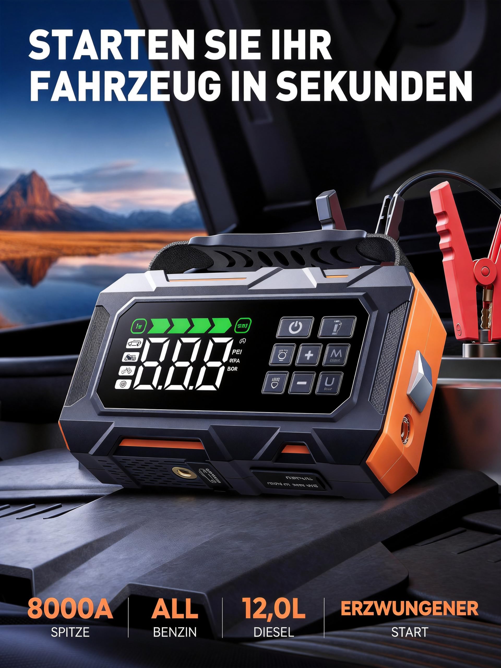 14-In-1 8000A Starthilfe Powerbank für Pkw mit Kompressor 160PSI, 26800mAh Auto Starthilfe mit Notfall Kit, Starter Powerbank für All Benzin/12L Diesel, 5 LED-Licht, Reifenreparaturset, Notfallhammer