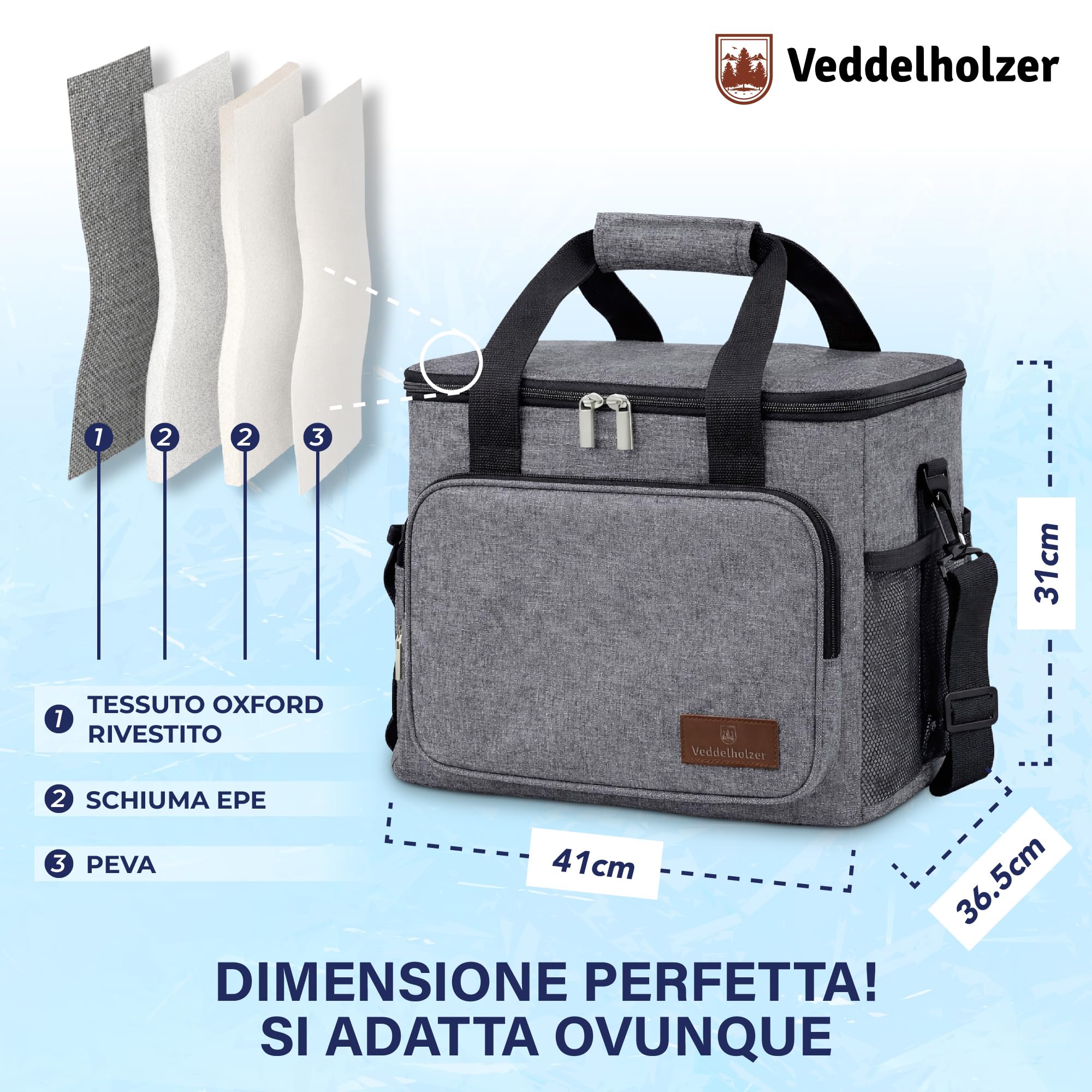 Veddelholzer XXL Borsa termica da 30 litri Borsa da picnic con tracolla Borsa termica e contenitore per il pranzo isolati e pieghevoli, borsa da trasporto per picnic, spiaggia e campeggio