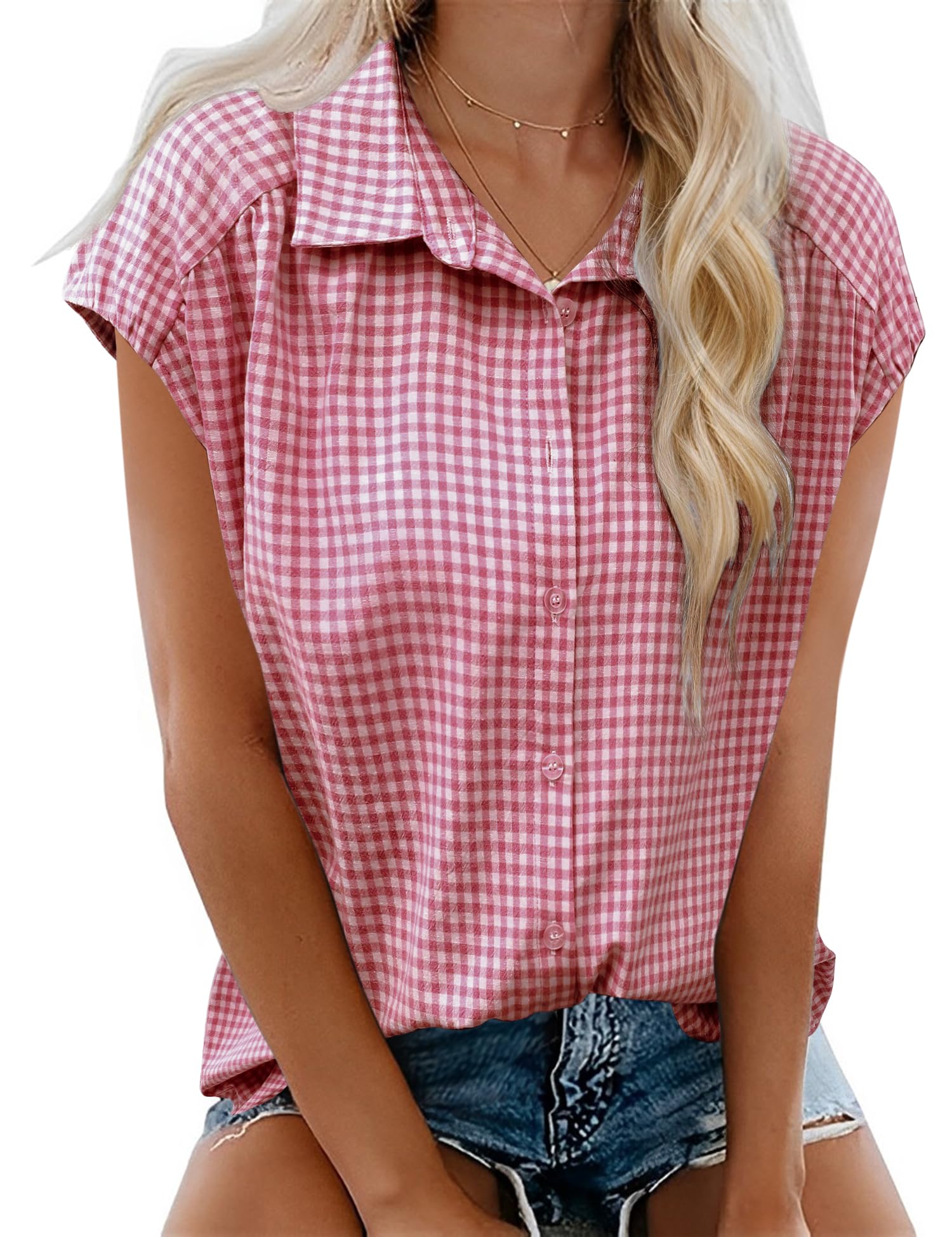 LOMON Womens Button Down Shirts Short Cap Sleeve Summer Cotton V Neck Collared Stripes Blouses Casual Plaid Tops