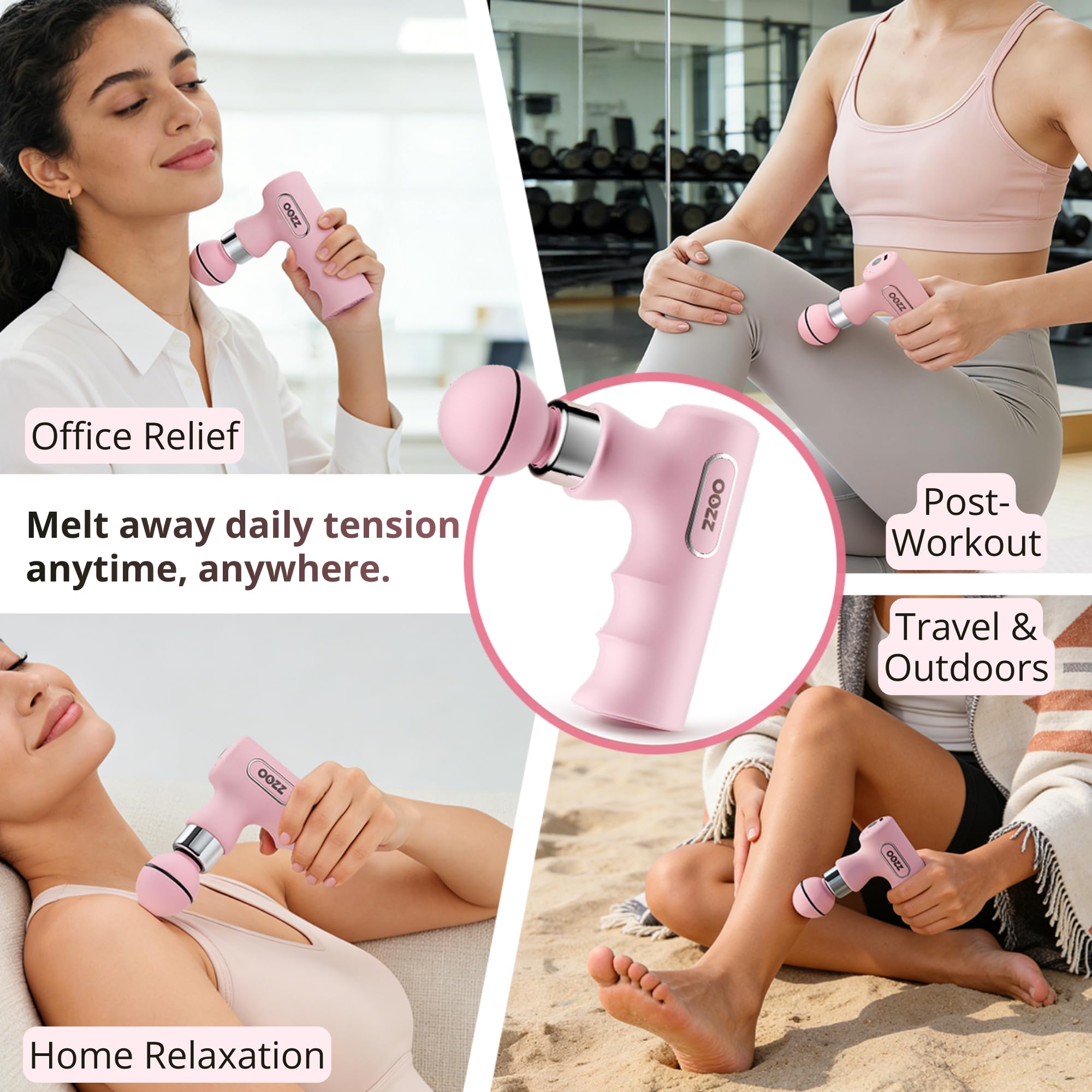 OOZZ Mini-Massagepistole, tragbares Handmassagegerät mit Aufbewahrungstasche, ultraklein, 5 Intensitätsstufen, 4 austauschbare Aufsätze, leichtes Körpermassagegerät, Geschenk für Frauen, OZ-3621