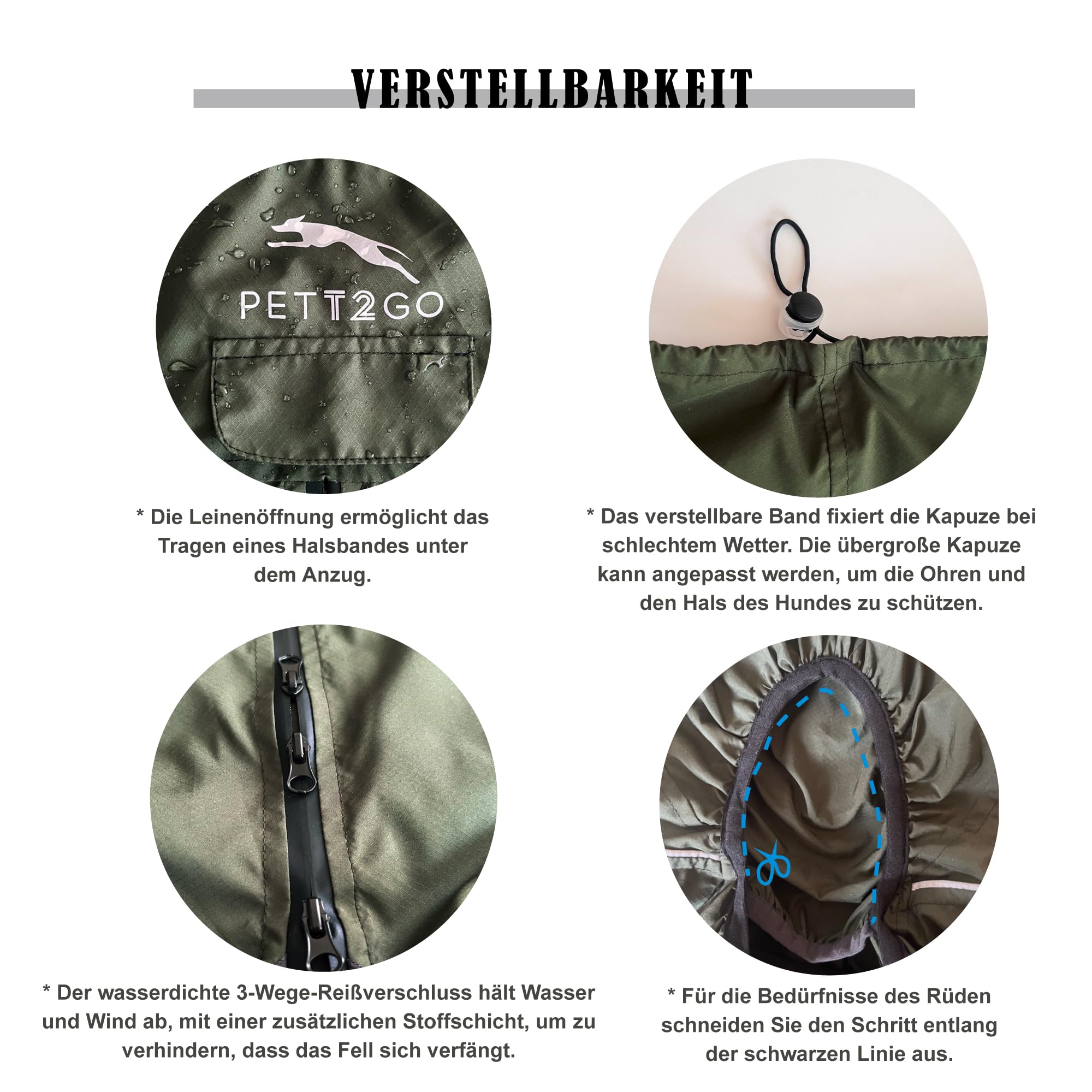 Windjacke, leicht, für Hunde, Mantel mit Beinen, mit Kapuze, Loch für Leine, reflektierend, kompakt – Dunkel Olivgrün-XL (Rüde)