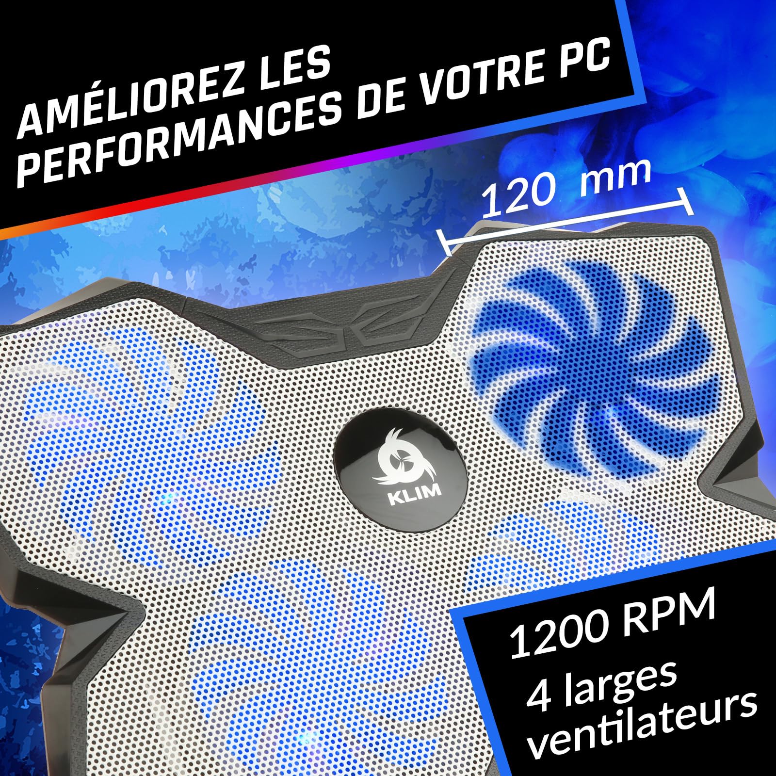 KLIM Wind - Refroidisseur Ordinateur Portable - Plus de 500 000 unités vendues - Nouveauté - Le Plus Puissant - 4 Ventilateurs Silencieux - Refroidisseur PC Portable PS5, PS4 - Blanc et Bleu