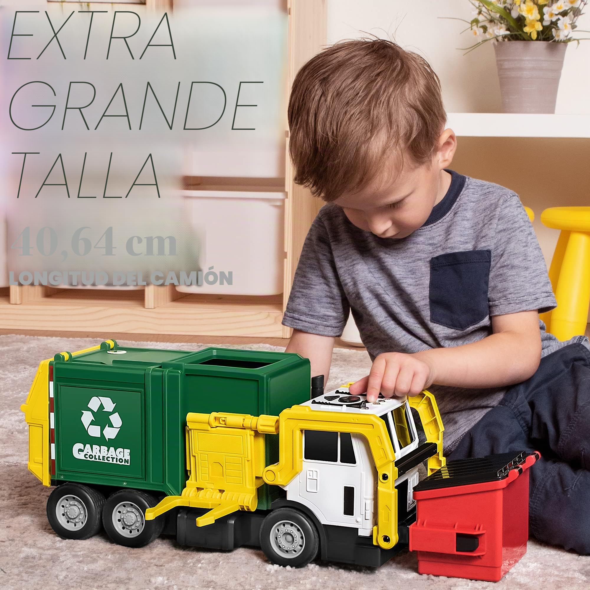 JOYIN Juguete para niños a Partir de 3 años, Camión de Basura de Tracción de Fricción Grande de 16 Pulgadas con Luces y Sonidos, Bote de Basura de Carga Frontal, Regalo para Niños(Verde)