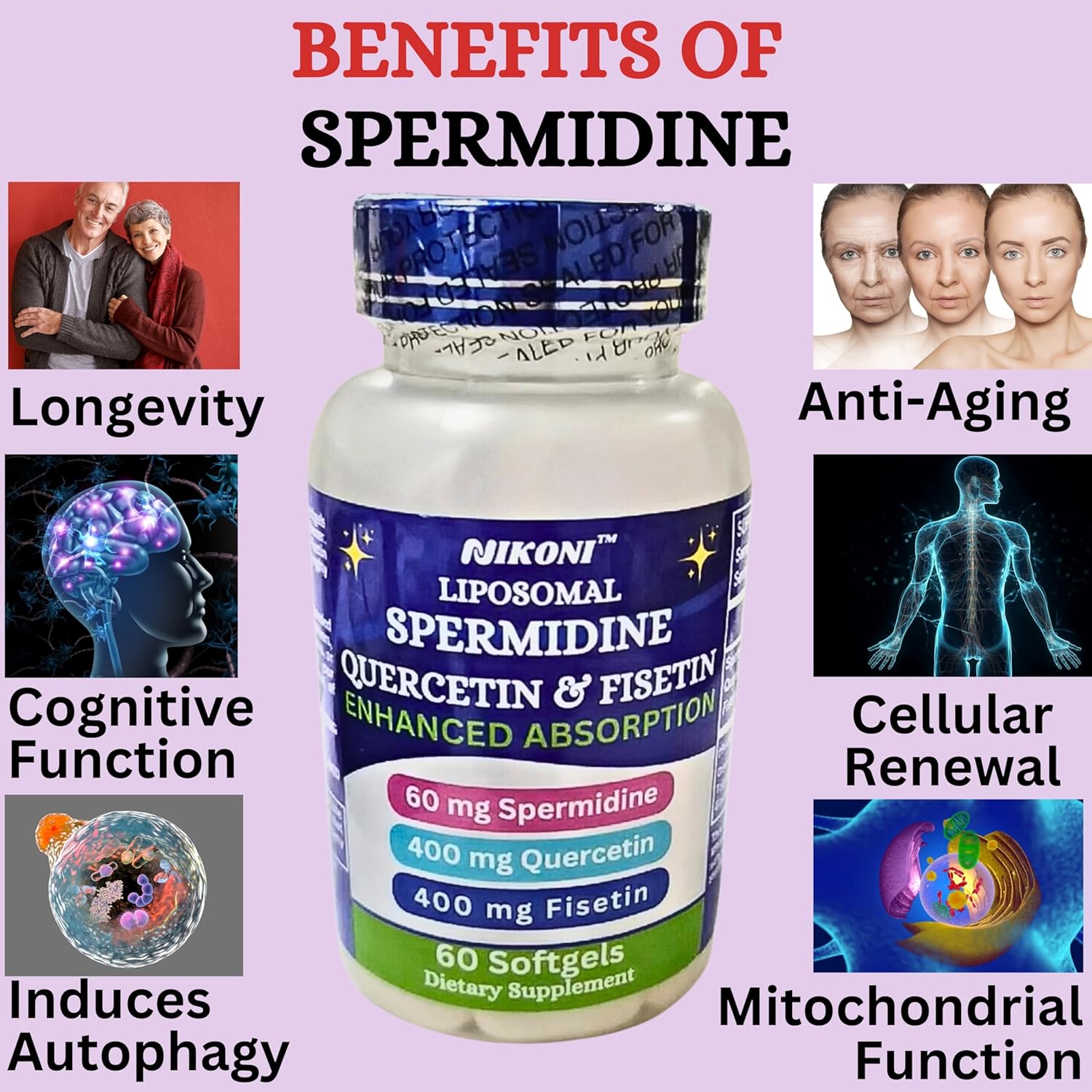 Nikoni Liposomal Spermidine, Quercetin, Fisetin 860mg Supplement for Healthy Aging, Cellular Renewal, Cognitive Function 60 Softgelss - Image 4