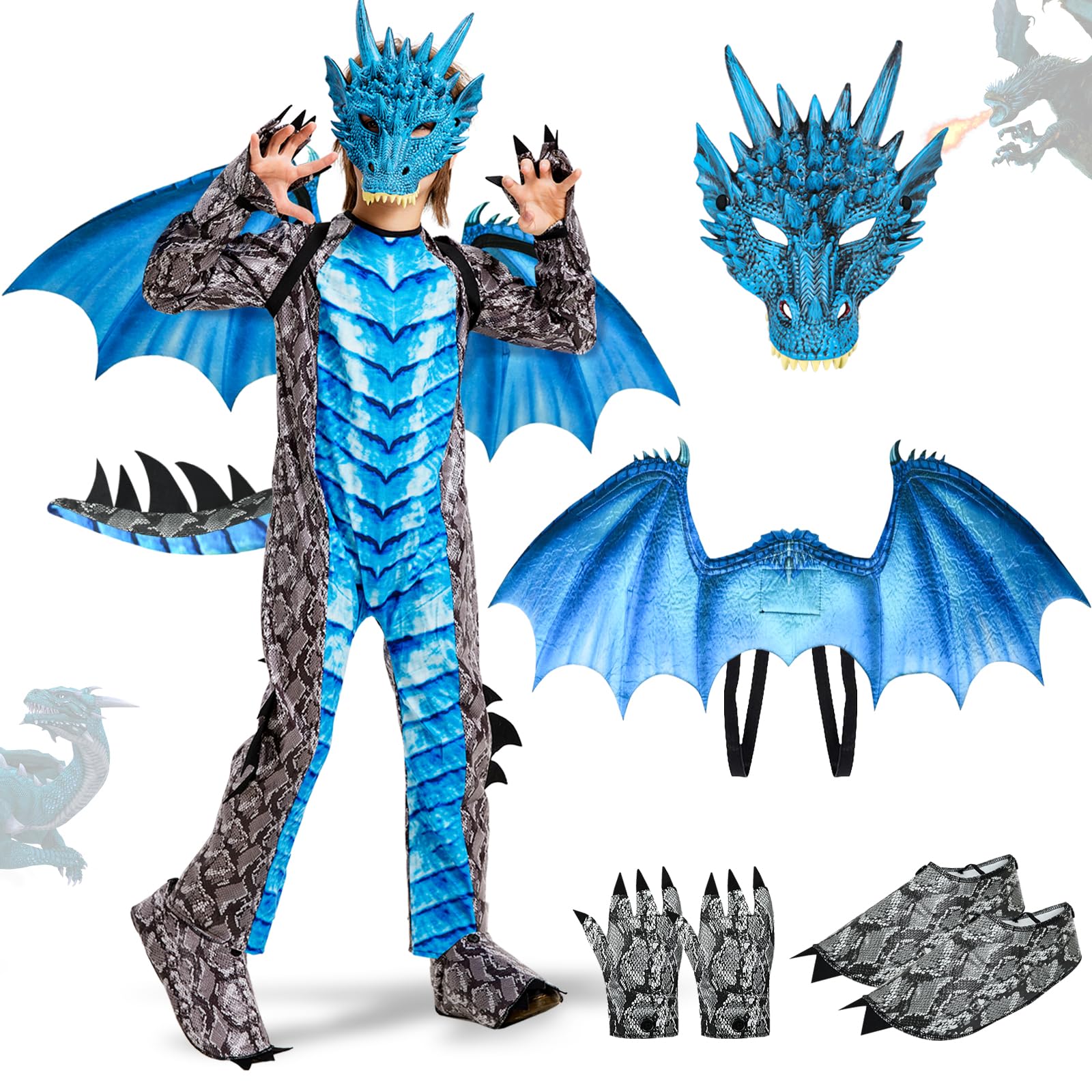 Ulikey Costume da Drago Bambino, Costume Carnevale Ragazzi, con Ali di Drago, Maschera da Drago, Dinosauri per Bambini Blu Rosso, Drago Tute per Bambini Carnevale Halloween Feste Cosplay
