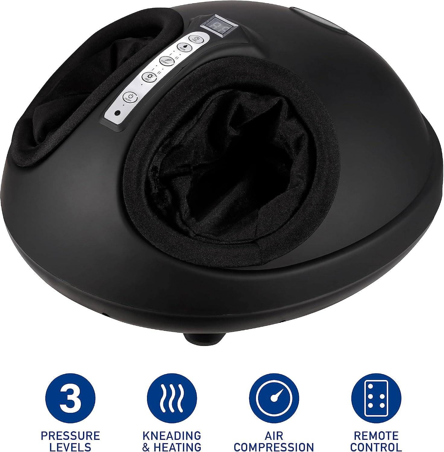Brookstone Foot Massager features: 3 pressure levels, kneading & heating, air compression, remote control