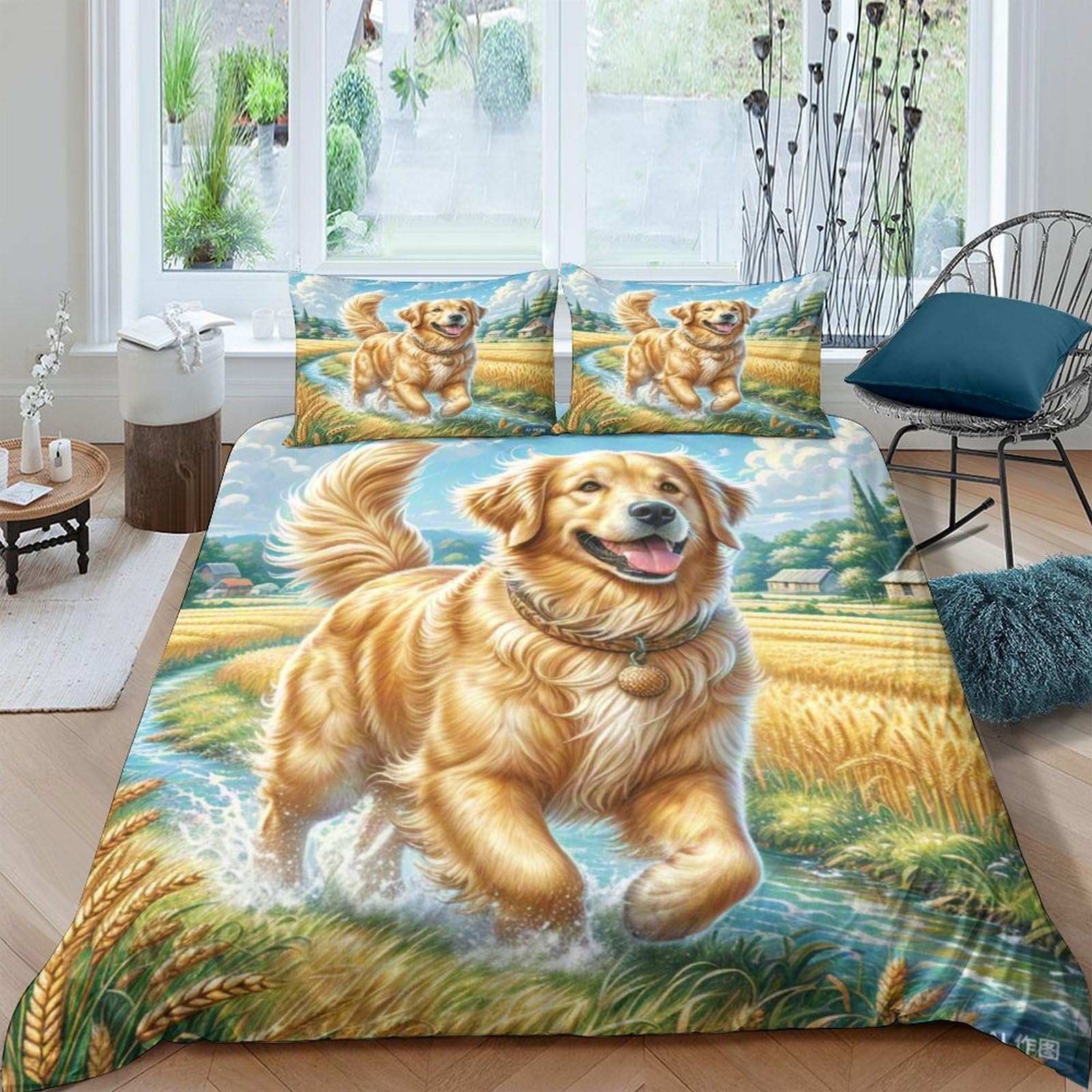 Housse de couette Golden Retriever parure de lit 3D fermeture éclair 200x200