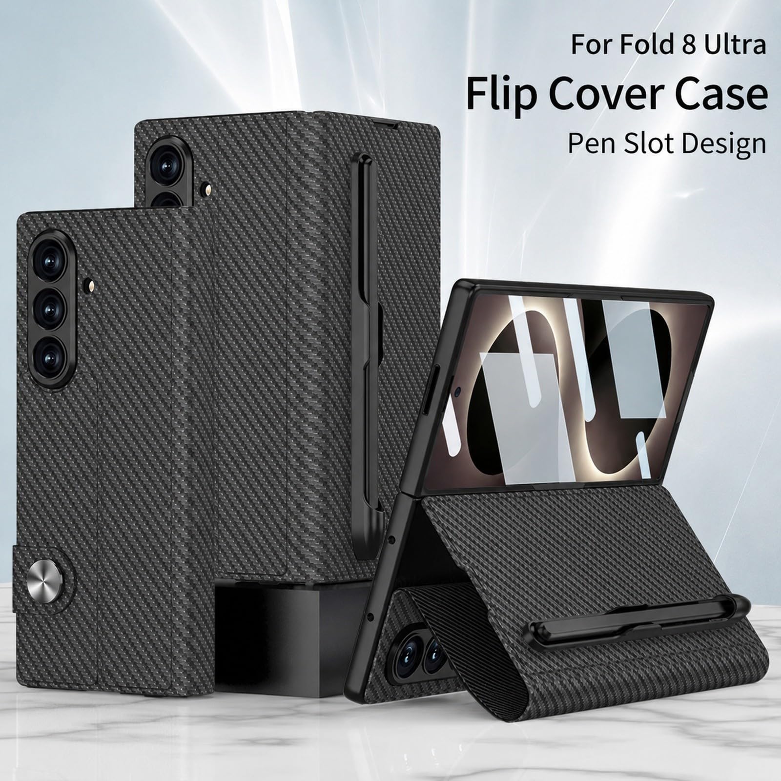 Generic etui kompatybilne z Samsung Galaxy Z Fold 7 (kolor: tekstura włókna węglowego czarny) skórzany uchwyt na długopis twarde etui z klapką z przednią folią szklaną