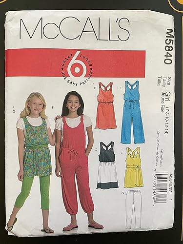 McCall's M5840 - Camisetas, fajas, cinturones, vestidos, overoles y leggings para niñas, tallas de patrón de costura (7-8-10-12-14)