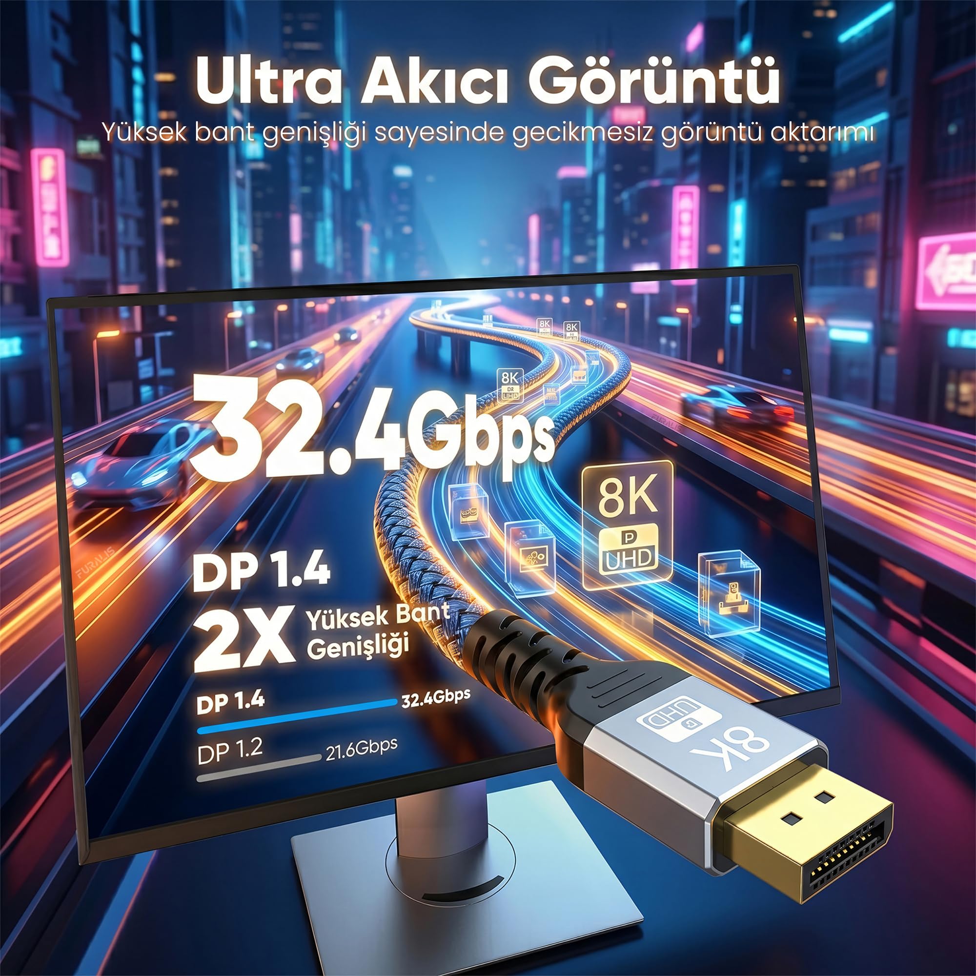 Furalis 8K DisplayPort Kablosu DP 1.4 (3 METRE) - 8K 60Hz / 4K 144Hz / 2K 165Hz - HDR10, 3D, Ses+Görüntü - Alüminyum Gövdeli ve Örgülü Gaming Monitör Kablosu