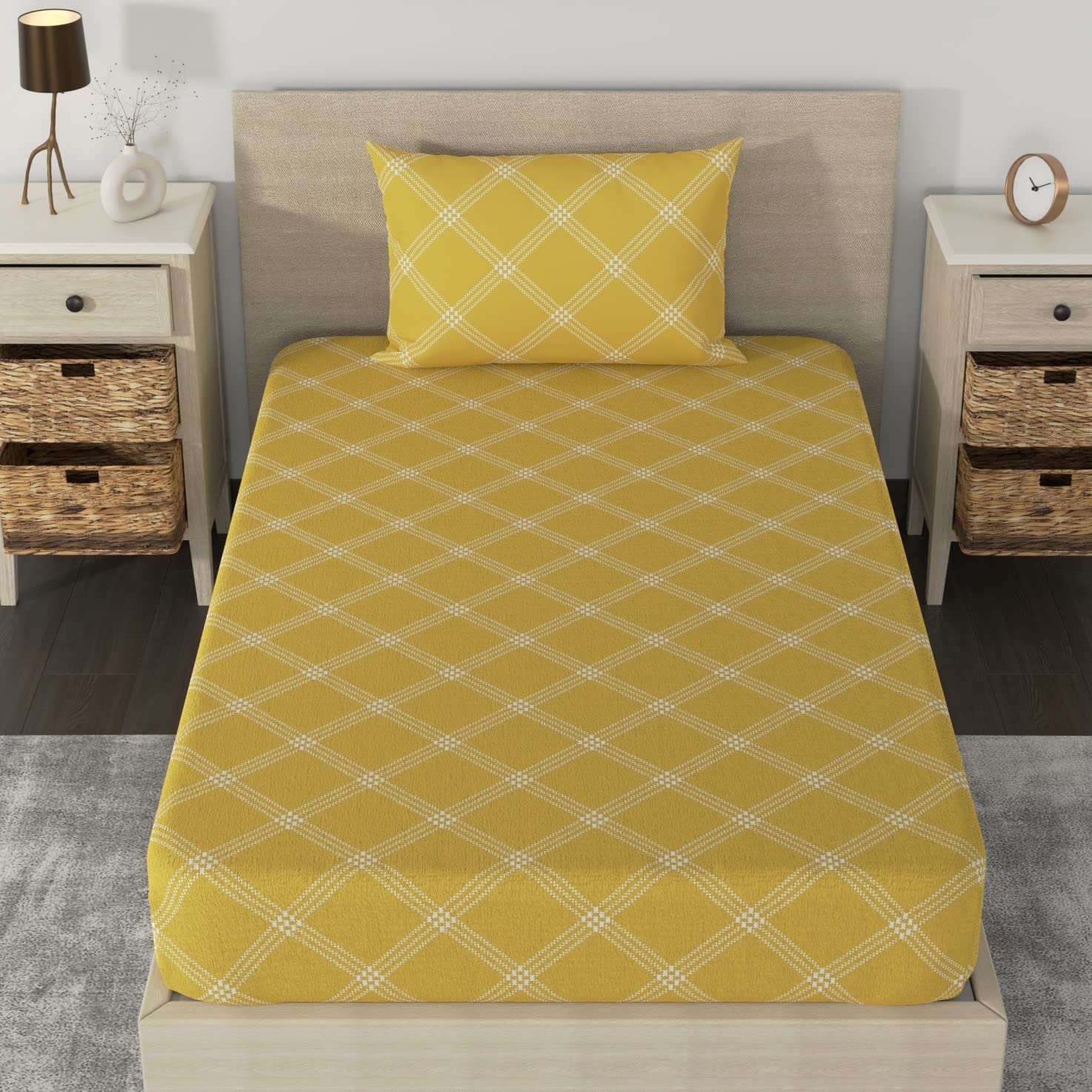 Huesland by Ahmedabad Cotton 210 TC Single Bedsheet Elastic Fitted Pure Cotton with 1 Pillow Cover | 36 x 78 inches | Yellow-image-25