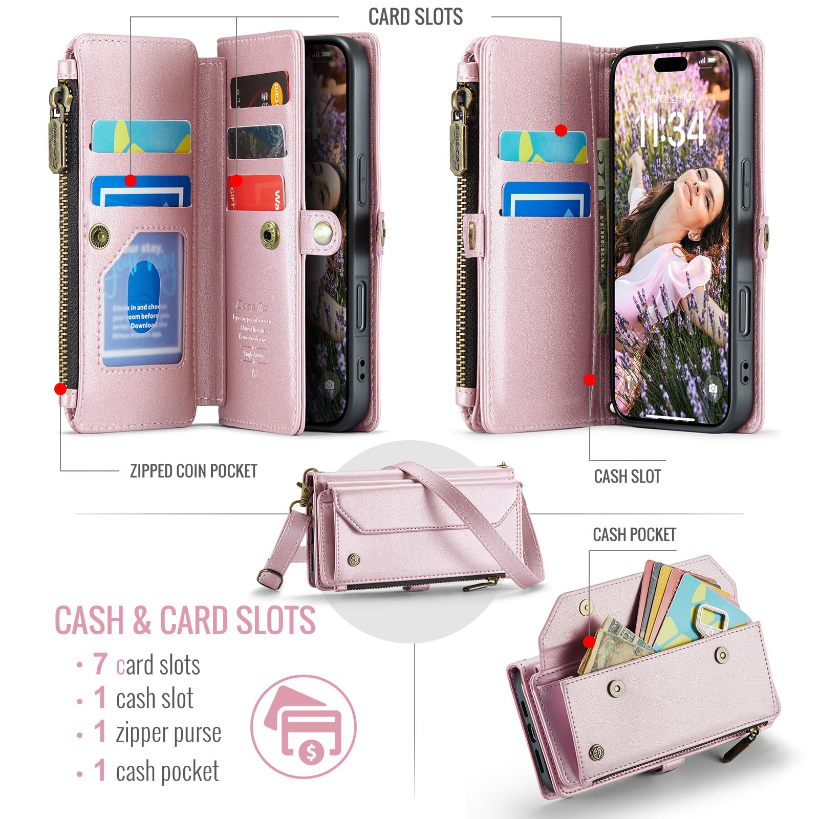Etui portfelowe na iPhone'a 17 Pro, z 7 przegródkami na karty, blokujące RFID, magnetyczne zamknięcie, kieszeń na rachunki gotówkowe, wysokiej jakości skóra PU, z paskiem na nadgarstek