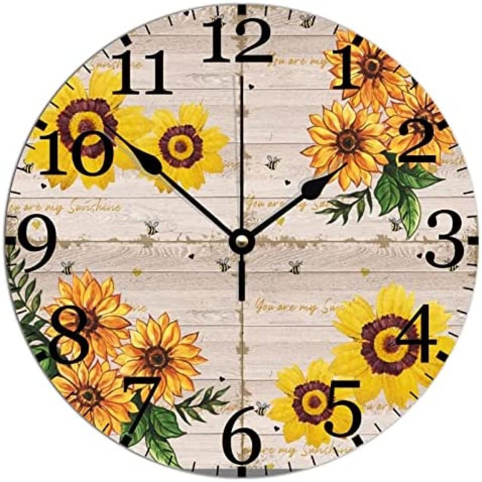 Farm Sunflowers Bee 15inch Wall Clock Silent Non-Ticking Battery Operated Wood Clock Farm Botanic Sunflower Wooden Texture Wood Clock Rustic Farmhouse Decor For Bedroom Office