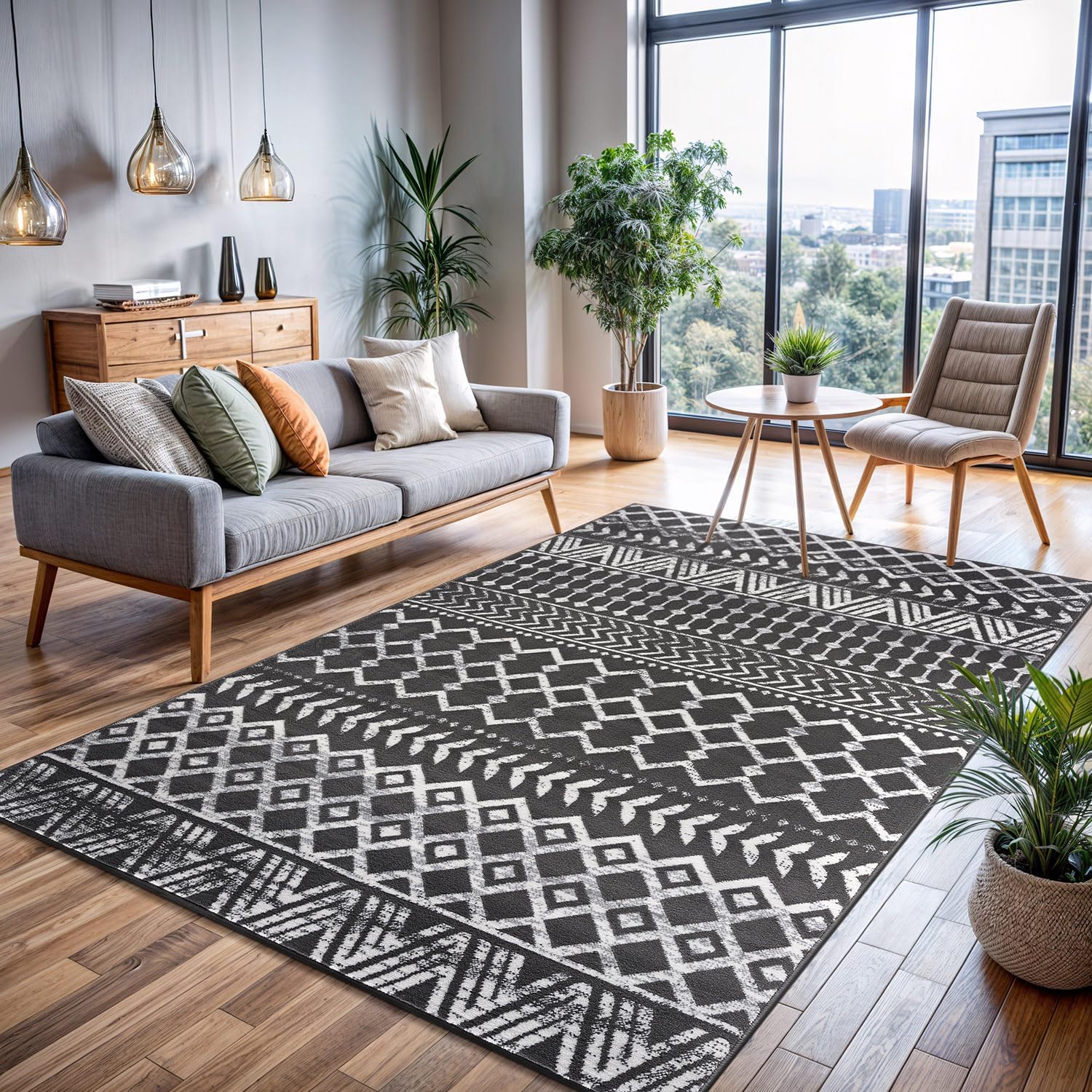 CAMILSON Boho Moroccan Dark Gray Rug Geometric Diamond 6x9 Area Rugs for Living Room Bedroom Kitchen Modern Bohemian Soft Stain Resistant Non-Shedding Indoor Carpet (6 x 9 Dark Grey and Cream)