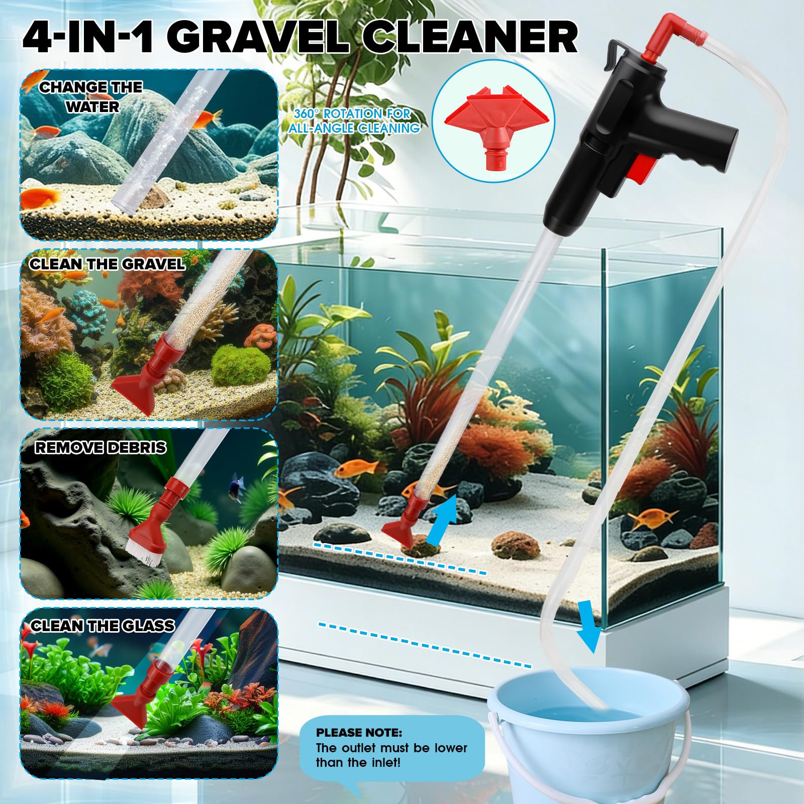 Mulmsauger Aquarium Handbetriebener, 4 in 1 Aquarium Reinigungsset, Nano Mulmsauger mit Schlauchklemme, für Wasserfilterung, Sandreinigung, Algenkratzen und Kotabsorbieren