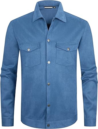 Alex Vando Mens Suede Shirt Jackets Long Sleeve Two Pockets Snap Casual Button Down Shirts