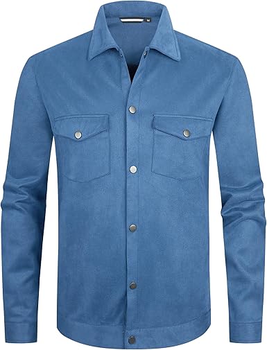 Alex Vando Mens Suede Shirt Jackets Long Sleeve Two Pockets Snap Casual Button Down Shirts