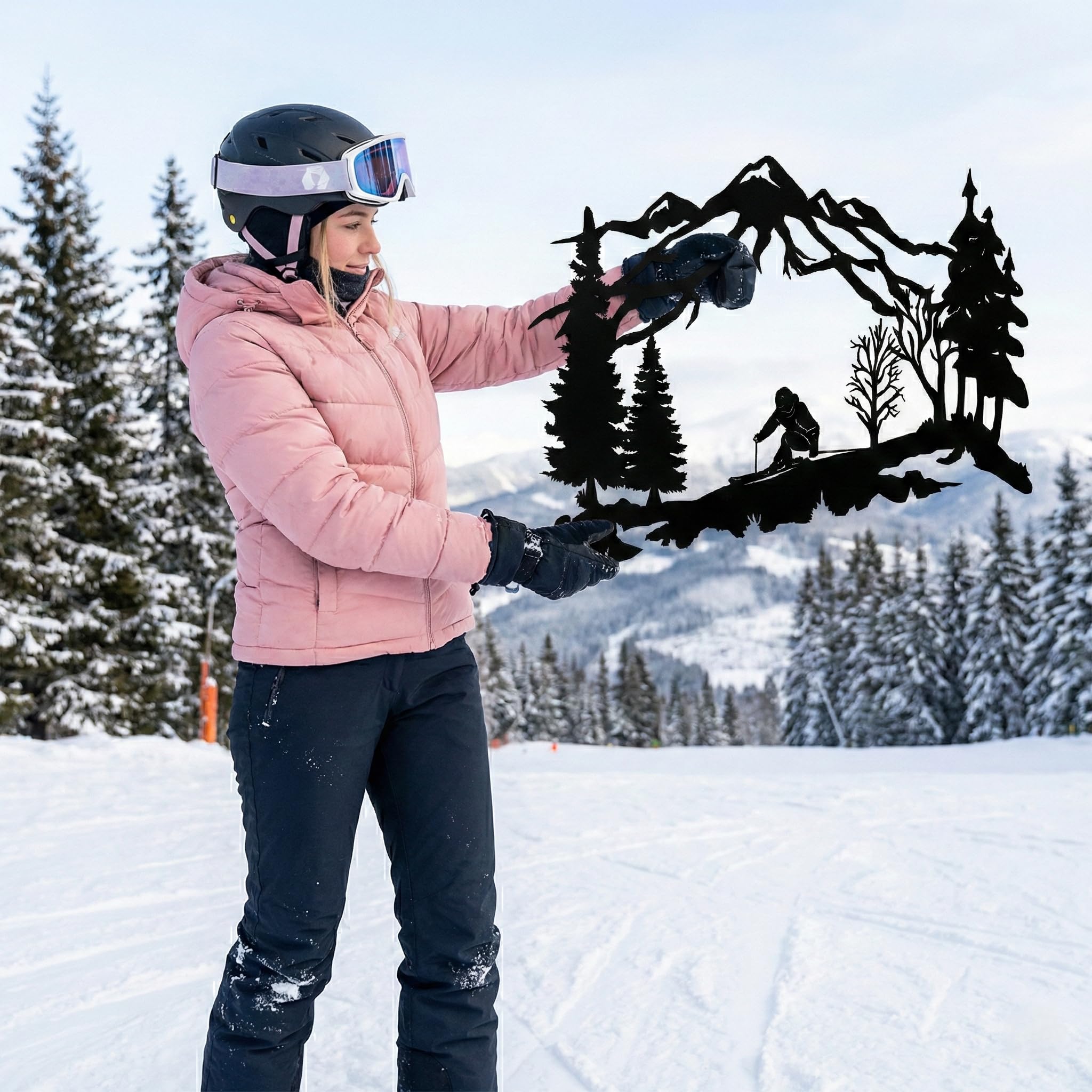 Dekadron Wandkunst, Skifahrer, Metall, Wandkunst, Berge und Bäume, Wanddekoration, Geschenk für Skiliebhaber (60 x 38 cm)