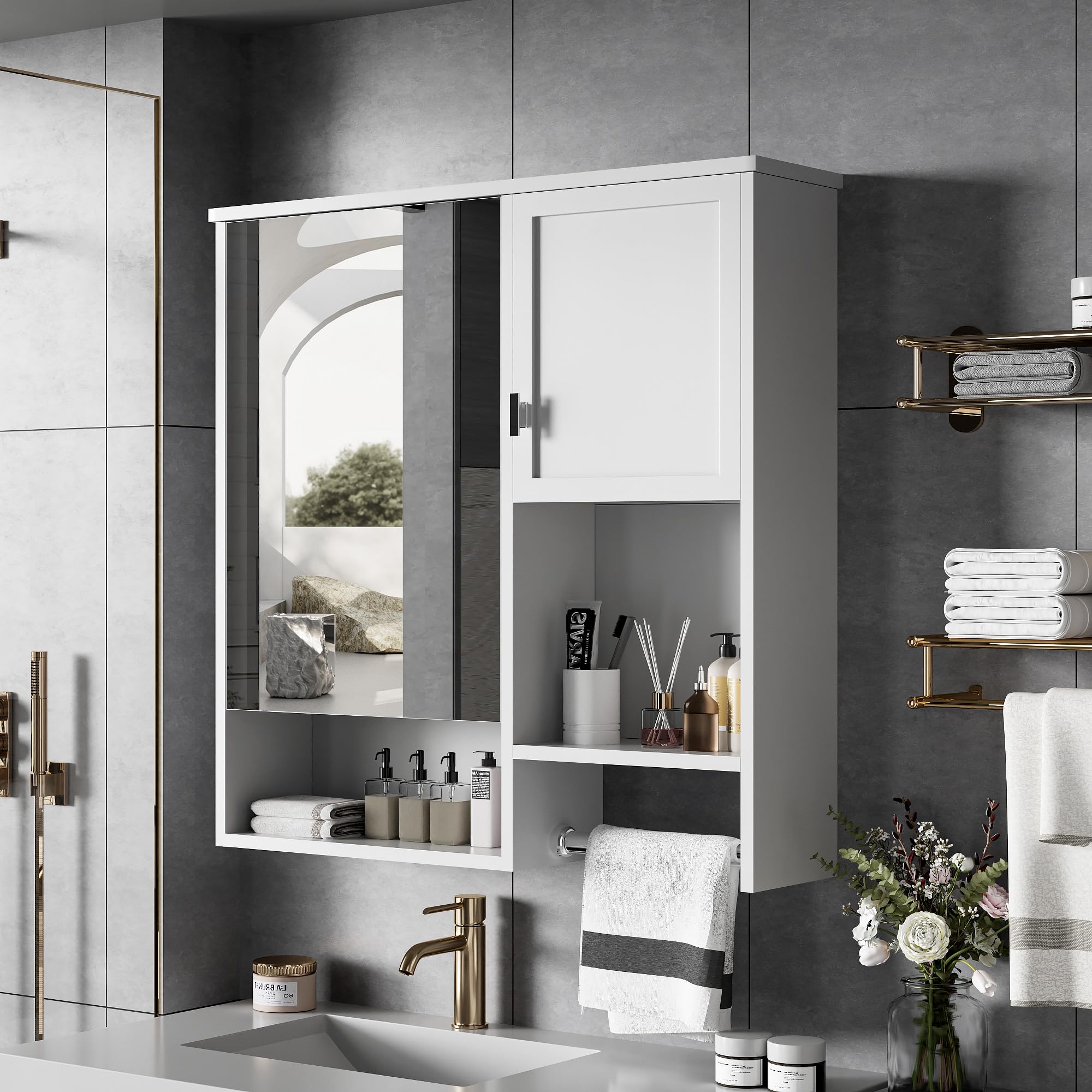 Modern Bathroom Medicine Cabinet with Mirror 29x28 Inch - Wall Mounted Storage Cabinet with Sliding Door, Adjustable Shelf & Towel Bar for Contemporary Bathroom Décor(Right Towel Bar, White)