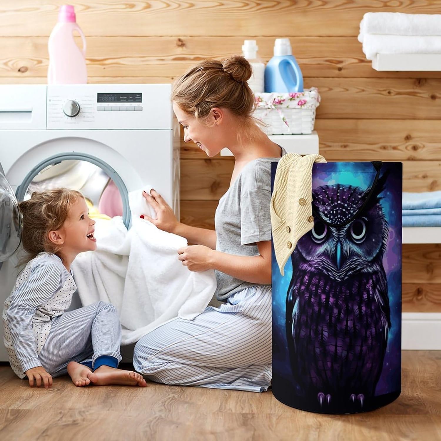 Purple OwlLaundry Hamper - Large Dirty Clothes Bag.Storage Basket for Easy Carry Handles. Large Clothes Basket with Handles, Clothing Storage Bucket Toy Organizer for Bathroom Bedroom Dorm.