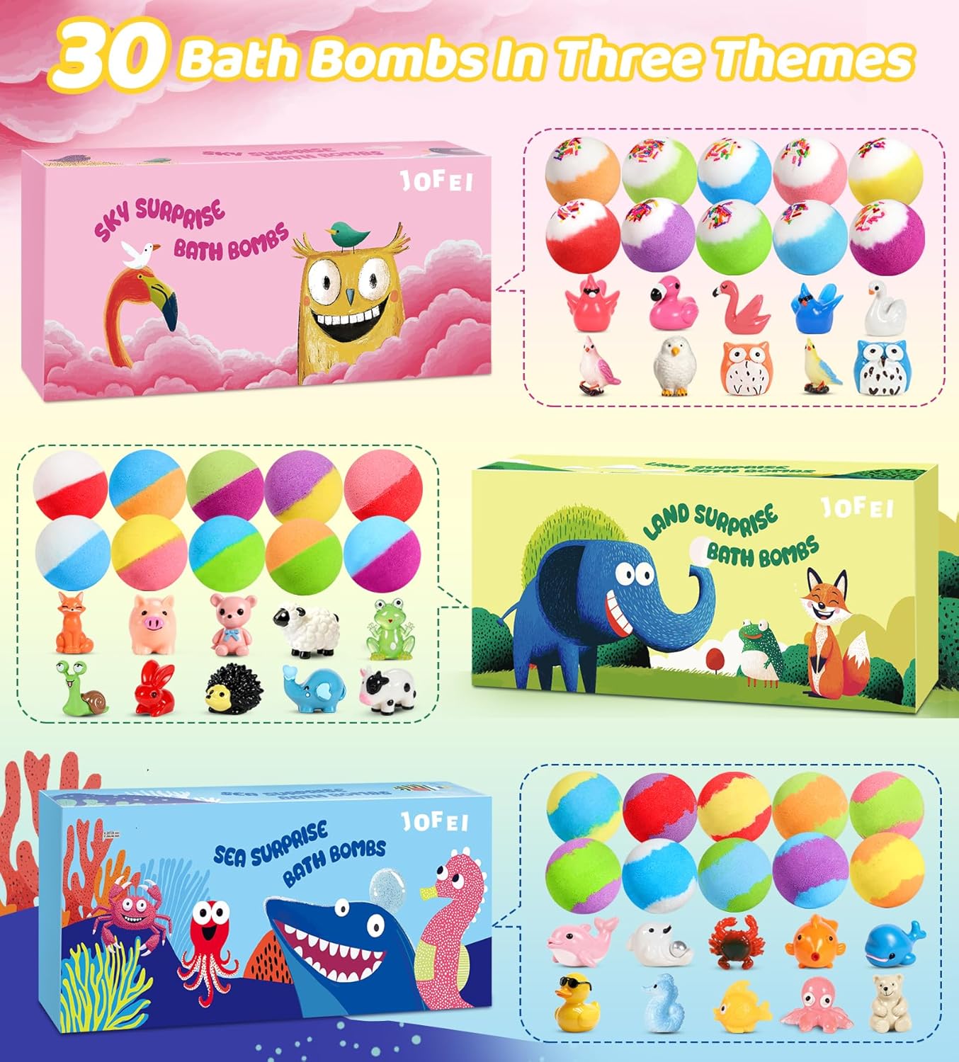 30 Pack Bath Bombs for Kids with Toys Inside, Kids Bath Bombs Gift Set with 30 Sea & Land & Sky Animal Surprise Toy, Bubble Bath Toys, Easter Gifts for Kids Boys Girls, Easter Basket Stuffers