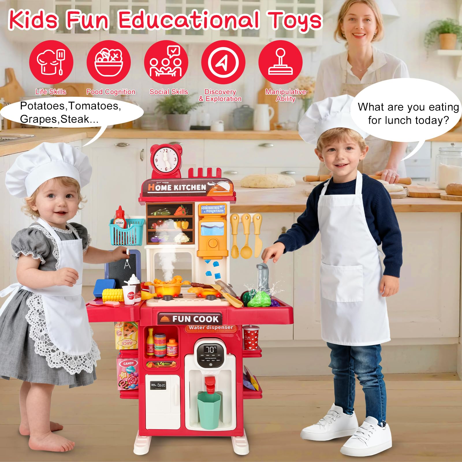 Cocina Juguete Niños Set de Cocina en Miniatura con Fregadero de Spray y Iluminación Realista, Juego de Cocina Simulada para Niñas y Niños de 3 4 5 Años, Regalo (Rojo)