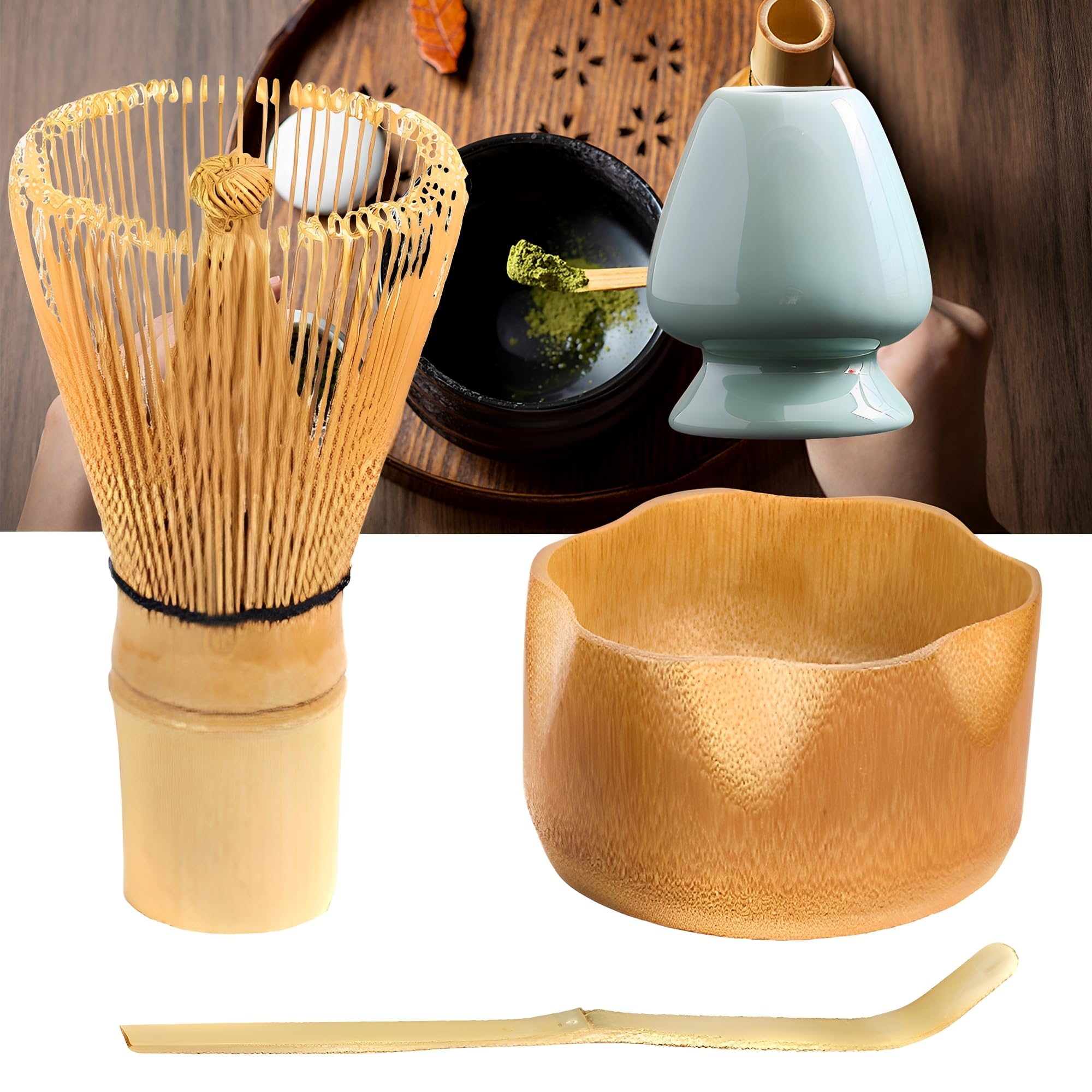 WYFCR 4PCS Matcha Schneebesen Set, Matcha-Teeset mit Schneebesen und Schüssel, Matcha Löffel, Schneebesenhalter, 510 ml Holzschale mit Ausgießer, handgefertigtes Matcha-Set zum Teetrinken