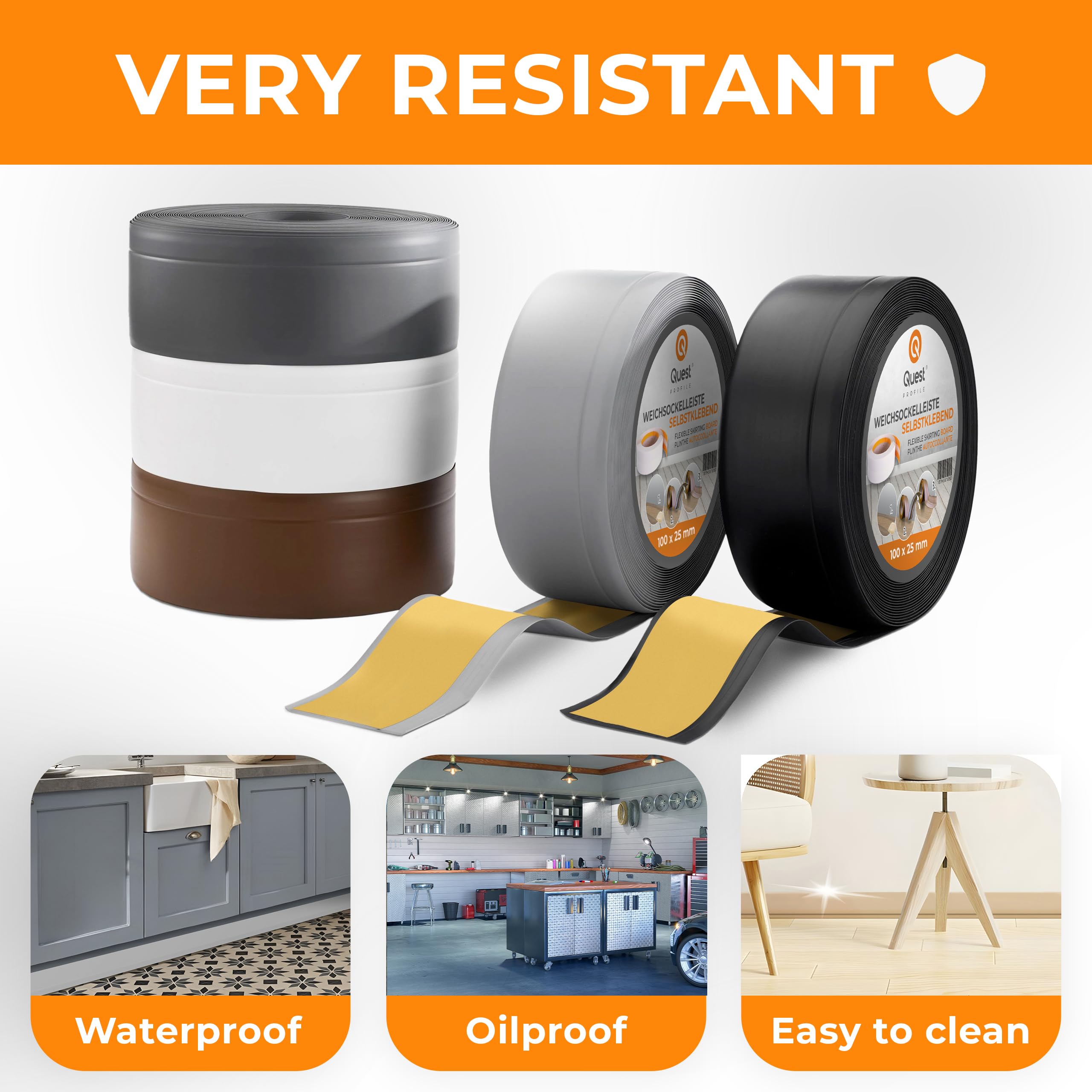 Quest listwa przypodłogowa PVC 100x25 mm samoprzylepna – czarna, 25 m | Wysoki, miękki cokół podłogowy maskujący styk ściany z podłogą, elastyczny, ochronny, łatwy montaż w domu i biurze