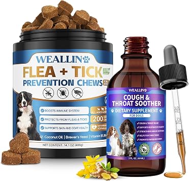 Dog Cough Treatment Support + Flea and Tick Prevention Soft Chews, Holistic Wellness Solution for Dogs