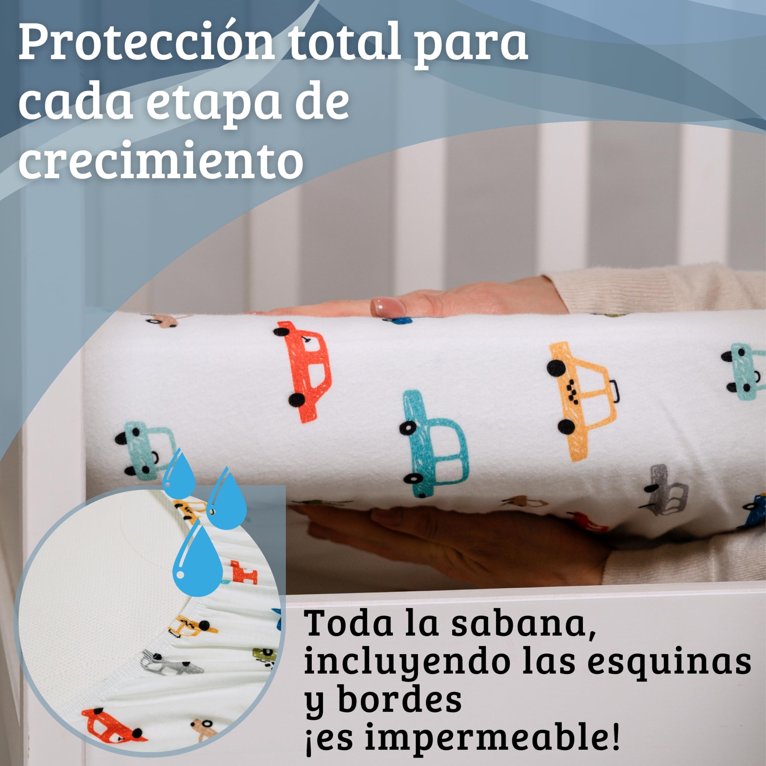 Bisoo, Set de 2 Sabanas Cuna 60x120 - Protector Colchon Cuna 60 x 120 con Esquinas Impermeables - Bajeras Algodon Jersey Impermeables, Certificado OekoTex, Set: Letras + Coches 120x60 cm