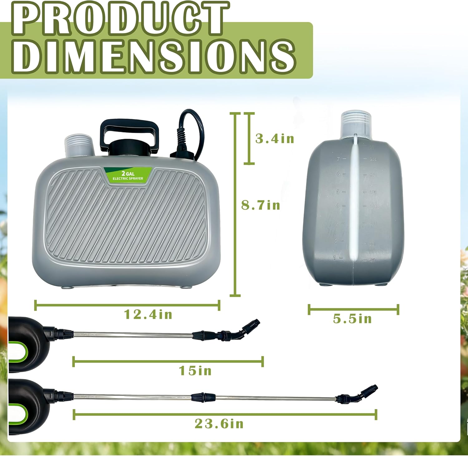 2 Gallon Battery Powered Sprayer, Covers 4,500 Sq Ft per Tank – Electric Sprayer with 3 Interchangeable Nozzles, Handle with Digital Battery Display, for Lawn, Garden & Outdoor Cleaning – Gray