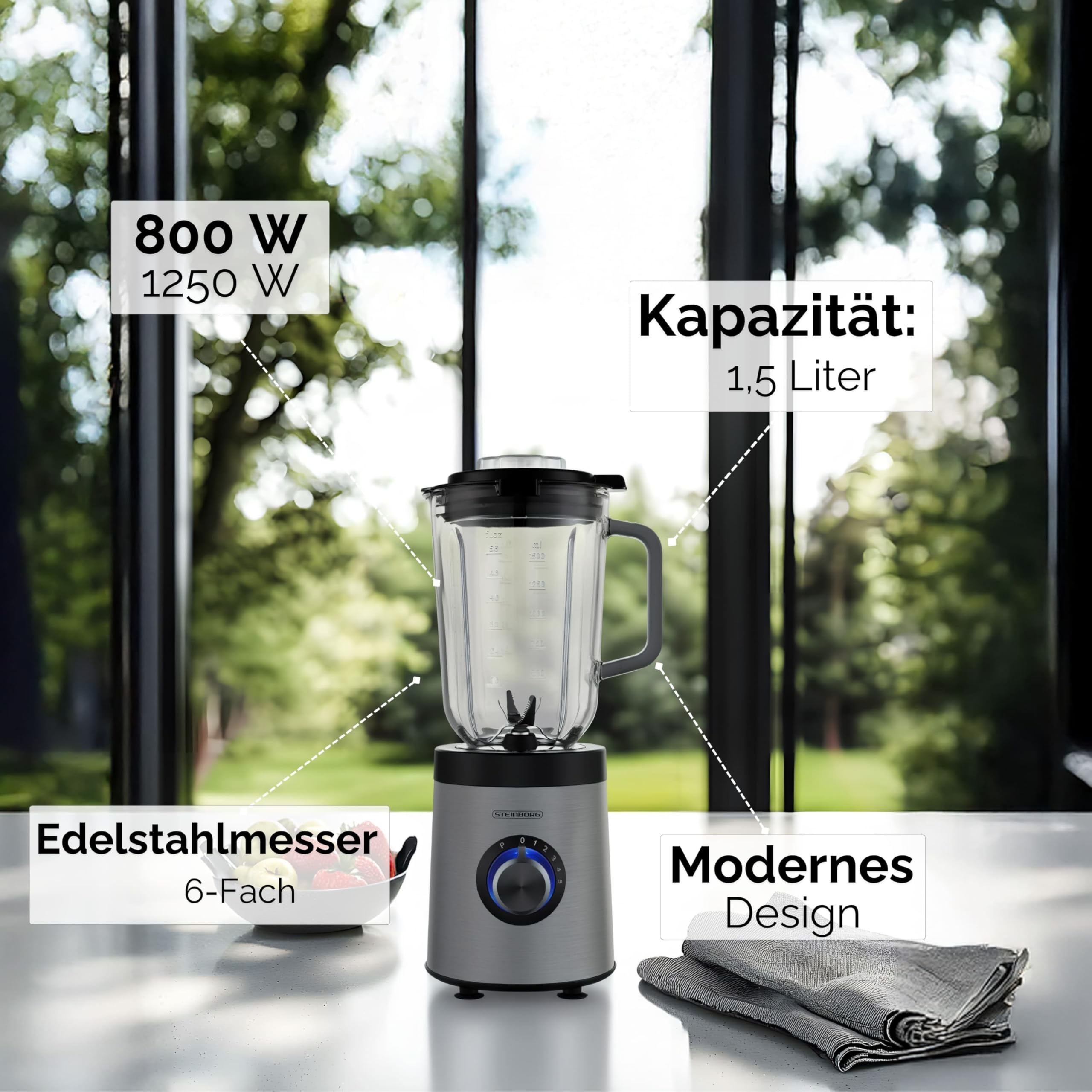 Standmixer 800 Watt 6-Fach Metallmesser 1,5 Liter 5 Stufen Glas Edelstahl Pulsfunktion Universal Power Mixer Eiweiß Shaker Hand Blender Ice Crusher Zerkleinerer Smoothie Maker Stand Mixer