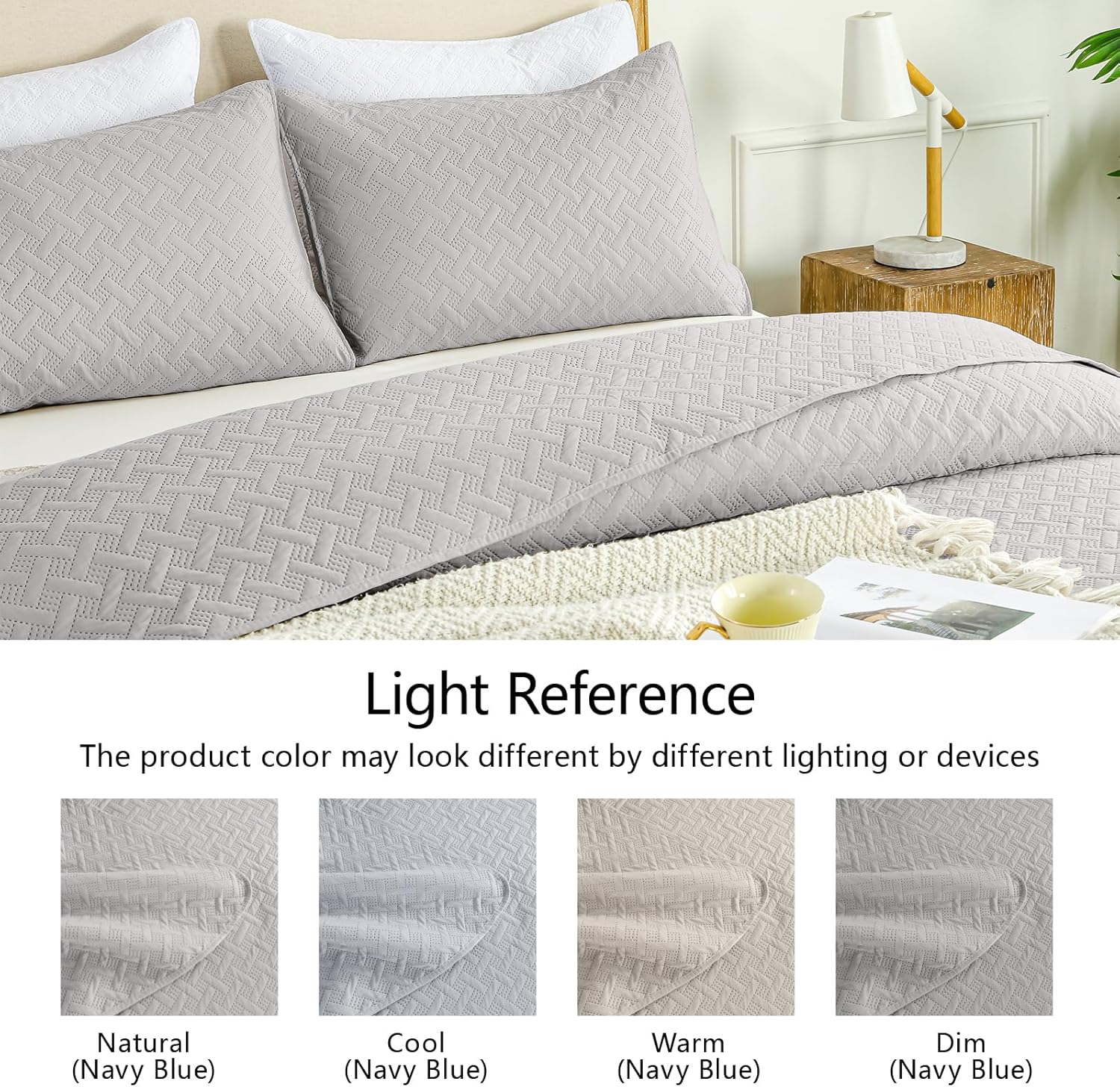 FLYMME Queen Quilt Bedding Set Light Grey Lightweight Bedspreads Full Size,Modern Style Geometric Weave Stripe Pattern,Soft Microfiber Bed Coverlet for All Season (1 Quilt, 2 Shams) - Image 5