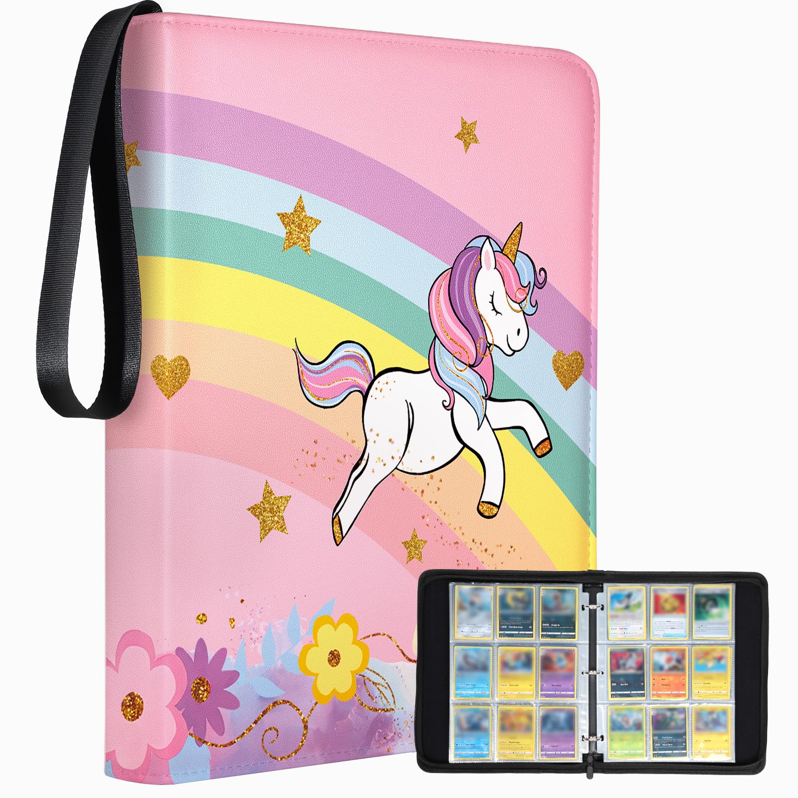 Lotadilo for 9 Pocket Card Binder Large Capacity for 900 Cards - Trading Card Collection Album Folder Double Sided Pocket with Zipper Rainbow Design