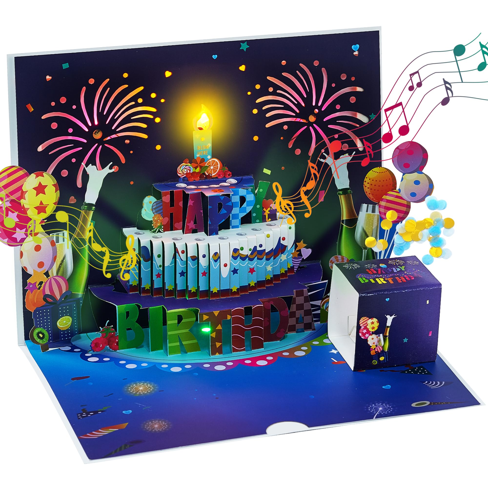 Happy Birthday 3D Pop-Up Greeting Card with Lights, Handmade Bracelet, Blow Out Fireworks, Music & Confetti (Model 4)