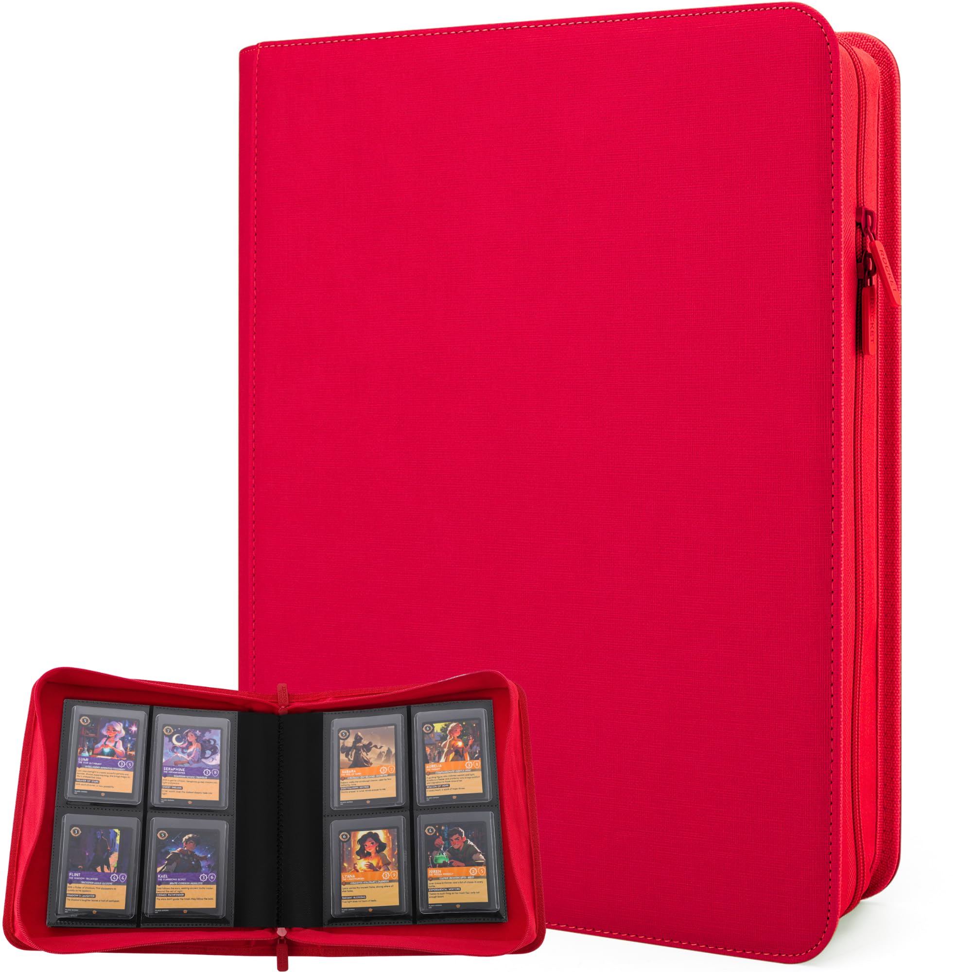 FORZAROCKET 4-Pocket Small Binder for Toploaders - Holds 144 Top Loaders, Ringless, Waterproof PU Leather, for Sports & Trading Cards (Lava Red)