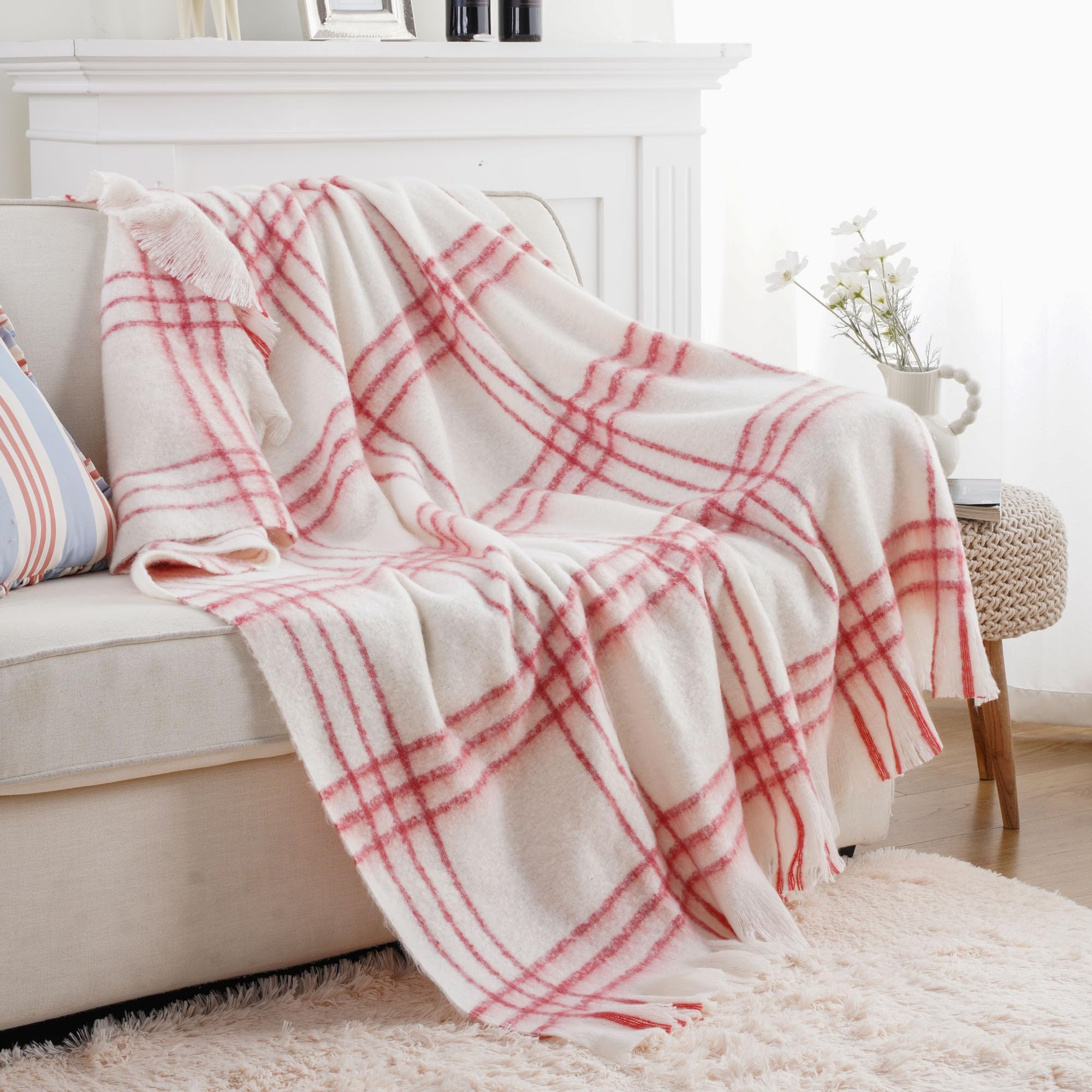 Battilo Plaid Throw Blanket for Couch Bed Farmhouse Mohair Plaid Blankets, Soft Cashmere Checkered Pattern - Image 3