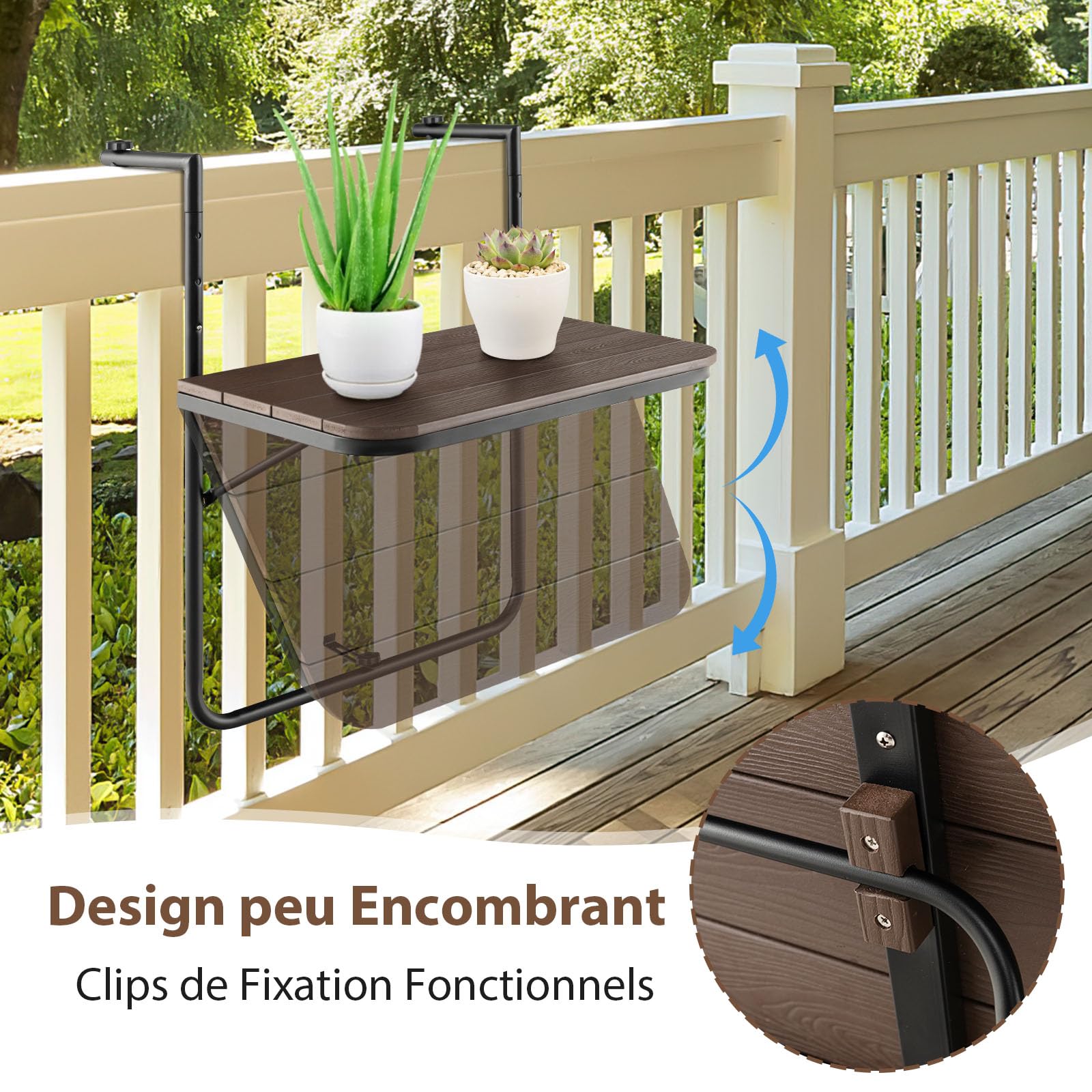GOPLUS Table de Balcon Suspendue Pliable, Réglable Hauteur, Résistante aux Intempéries, Table Suspendue de Balcon jusqu'à 30 kg, 60×62,5×84 cm (Café)