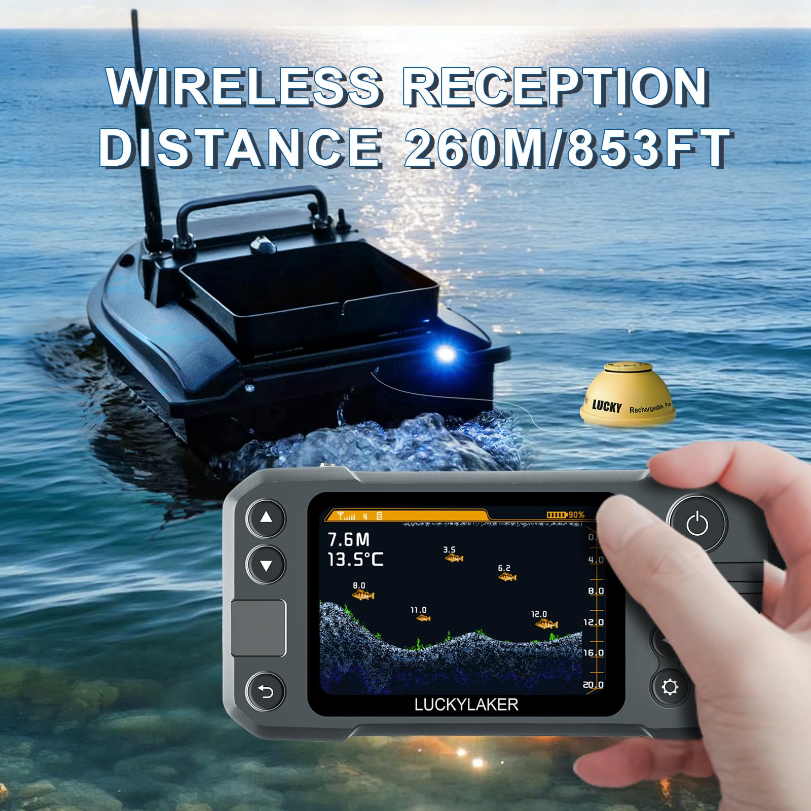 LUCKY Ricercafischi portatile per kayak con trasduttore sonar wireless, ricaricabile a mano per barche e rilevatore di profondità dei pesci per la pesca MT-202 - 2