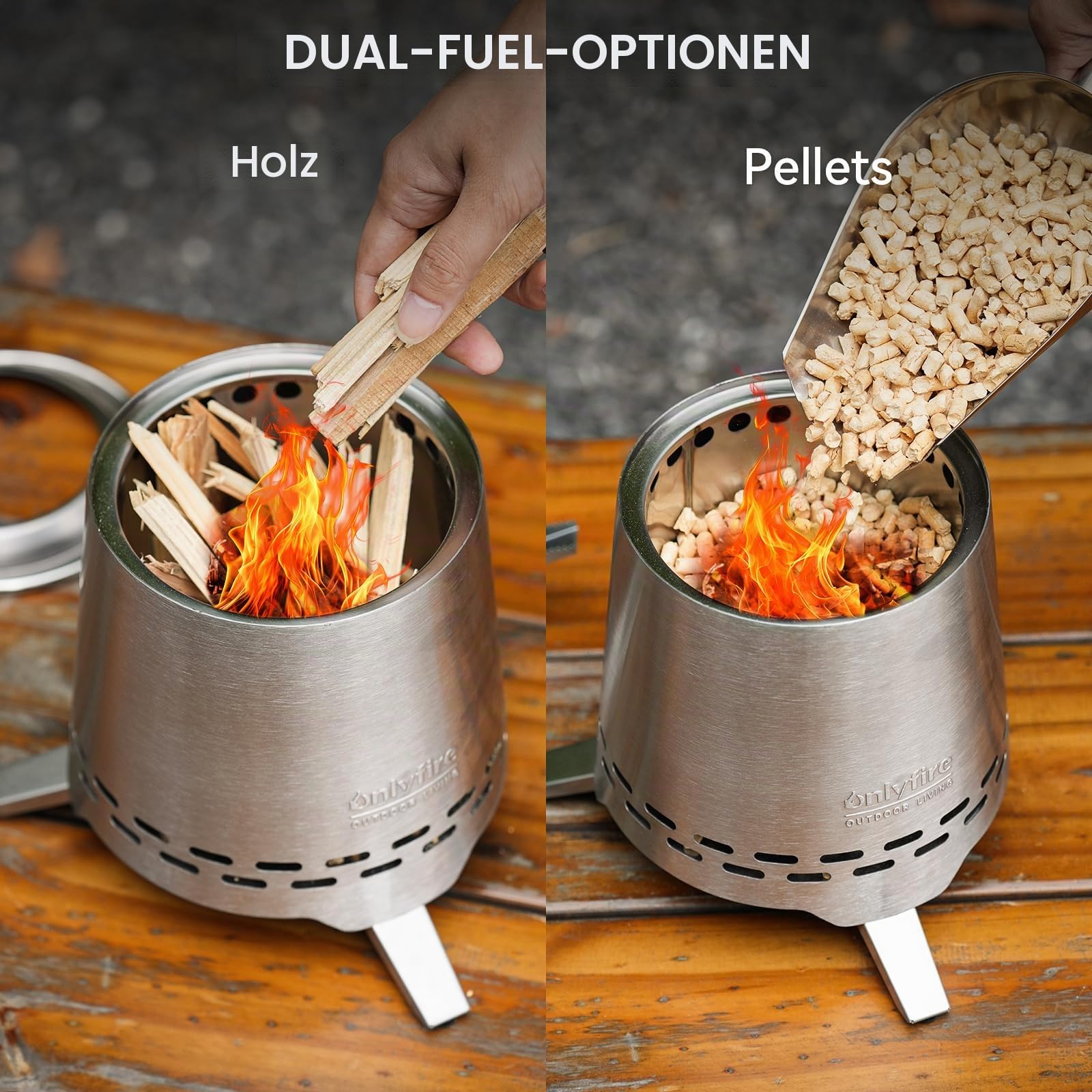 Onlyfire Edelstahl Tischfeuer mit Topfhalter und Tragetasche, Raucharmer Mini Tischkamin für Pellets/Holz, 16,5CM Kleinere Tischfeuerstelle, für Balkon & Camping, Konisch, Silber
