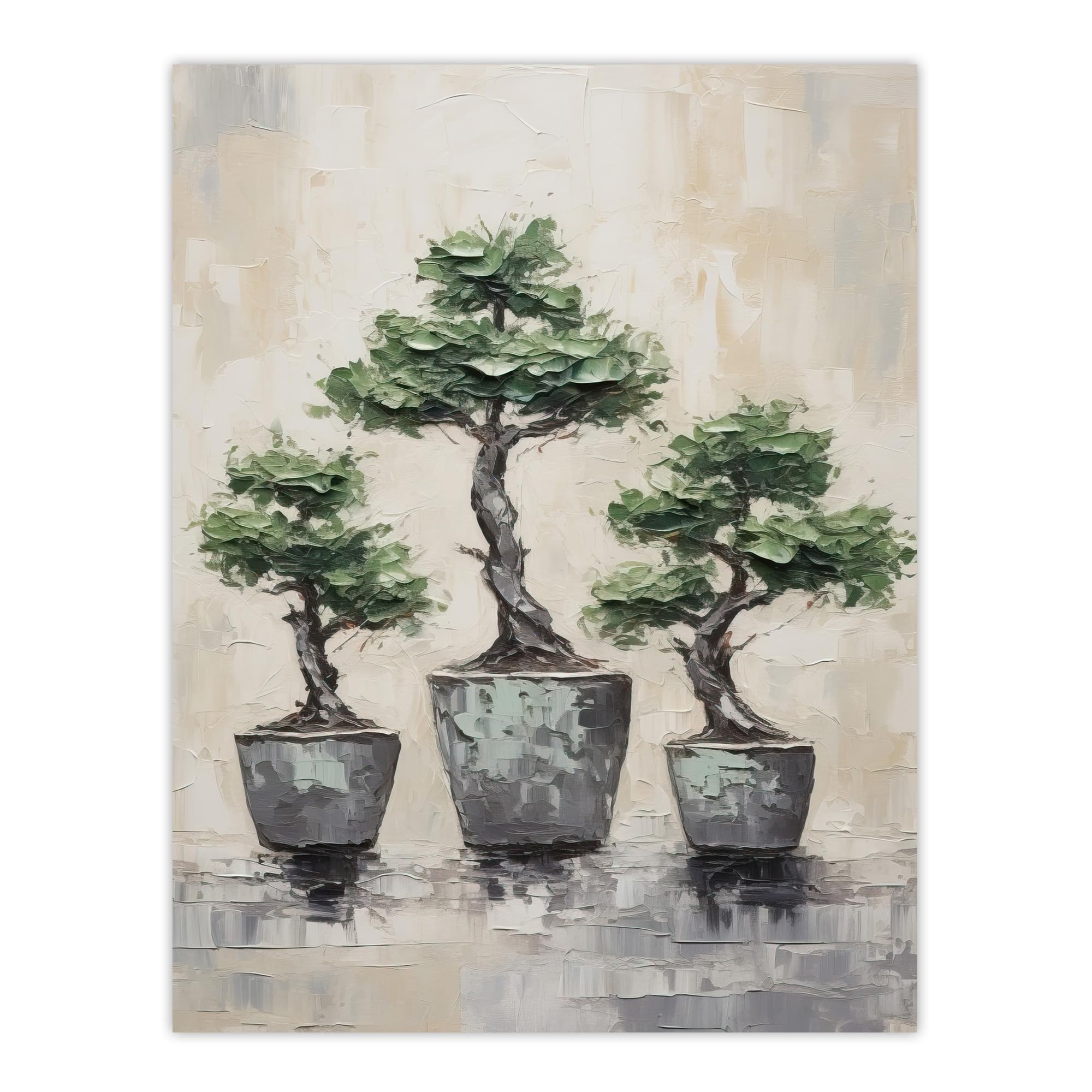 Artery8 My 3 Bonsai Trees Oil Painting Pallet Knife Neutral Tone Textured Tree Artwork Large Wall Art Poster Print Thick Paper 18X24 Inch
