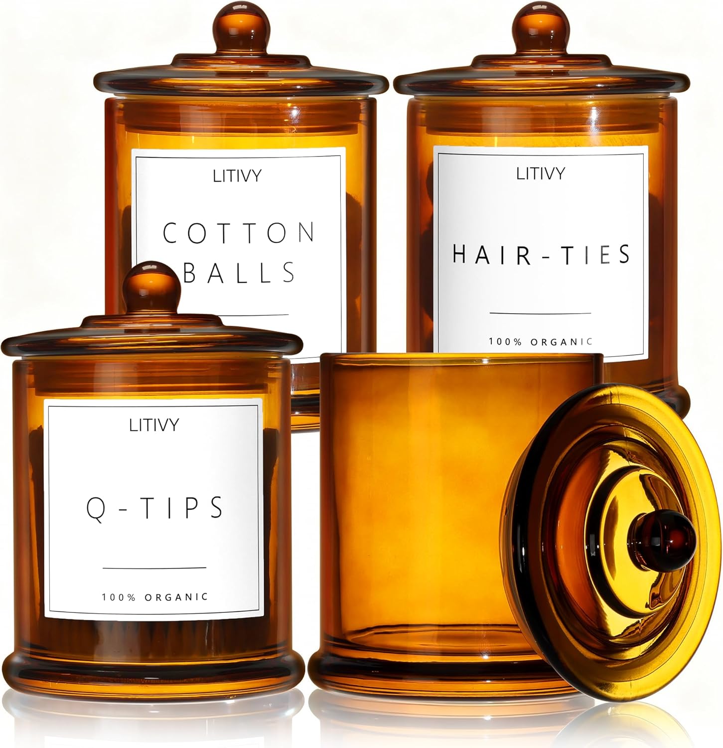 4 Pack Bathroom Organizers and Storage - 16 Oz Glass Qtip Holder & Cotton Pad Dispenser with Lid, Apothecary Jars for Home, Room Decor, Kitchen Organizer (Amber)
